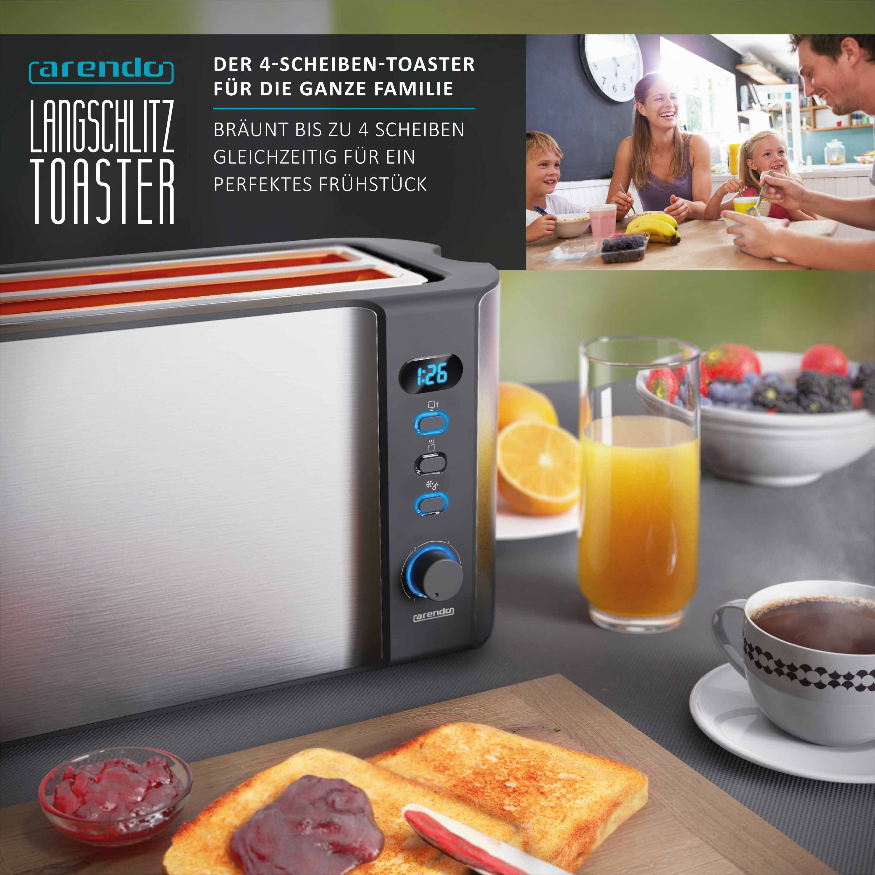 Arendo Toaster, 2 lange Schlitze, Scheiben, W, Gehäuse, Wärmeisolierendes für silber/schwarz 4 Display Brötchenaufsatz, 1500 Langschlitz