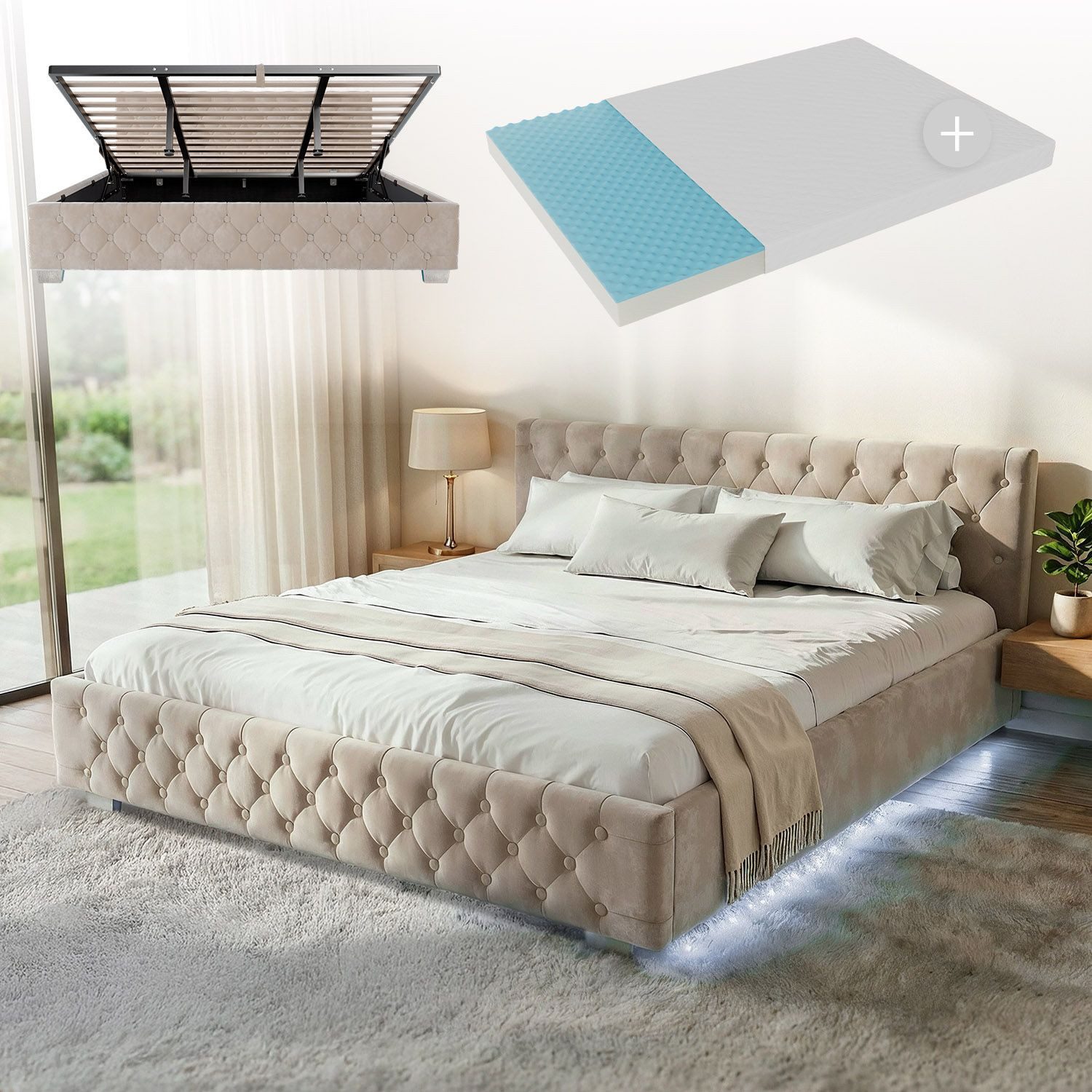 Juskys Polsterbett Nizza, 180x200 cm, LED Licht, Stauraum, Samtbezug, inkl. Matratze