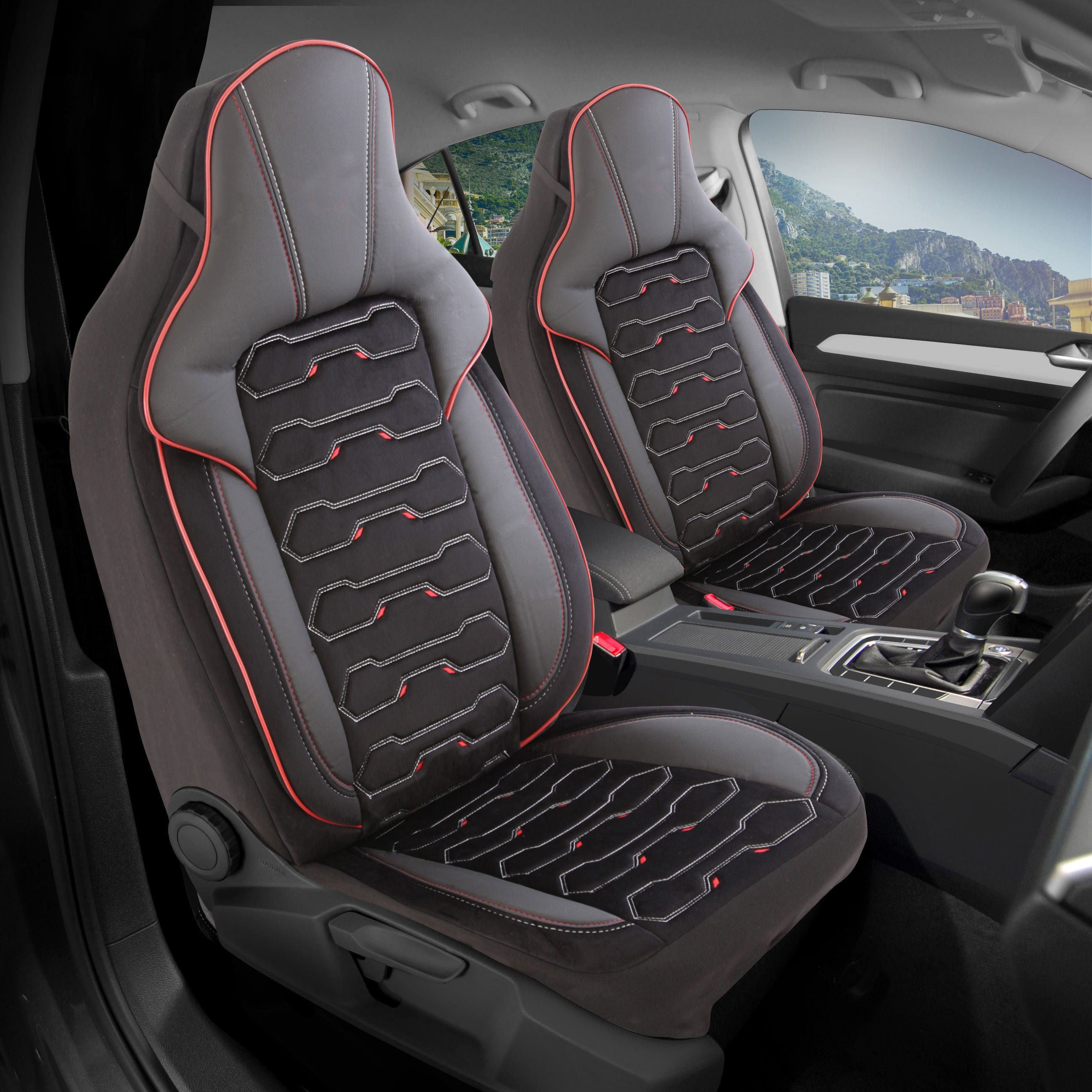 Audi 1 geeignet Class), Fahrersitzbezug, Airbag RoyalClass® für Sitzbezüge Autositzbezug (Schwarz-Rot Beifahrersitzbezug, 1 passend für Set, A1