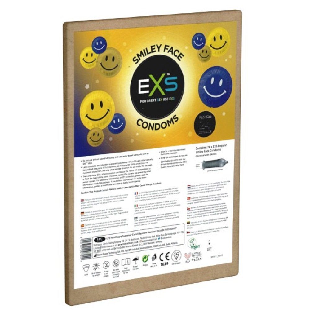 EXS Kondome Smiley Face - glückliche Kondome in Rundfolien Packung mit, 24 St., Rundfolien mit Emoji/Smiley-Motiven in verschiedenen Farben