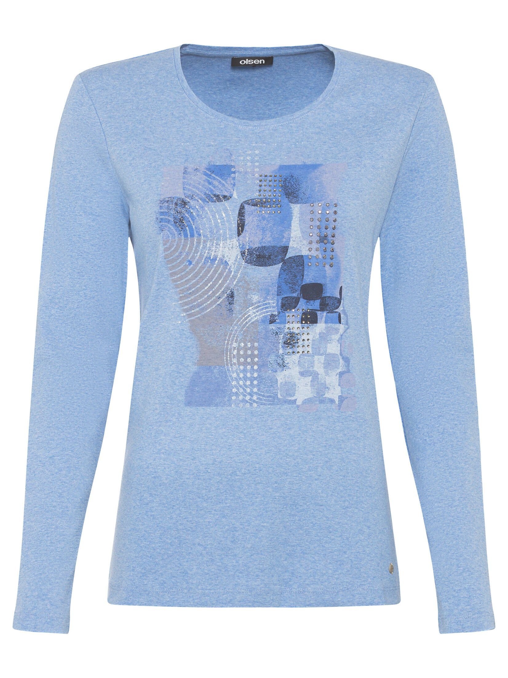 Rundhalsshirt Blue mit Olsen Dekosteinen Edda Melange Print Sterling im