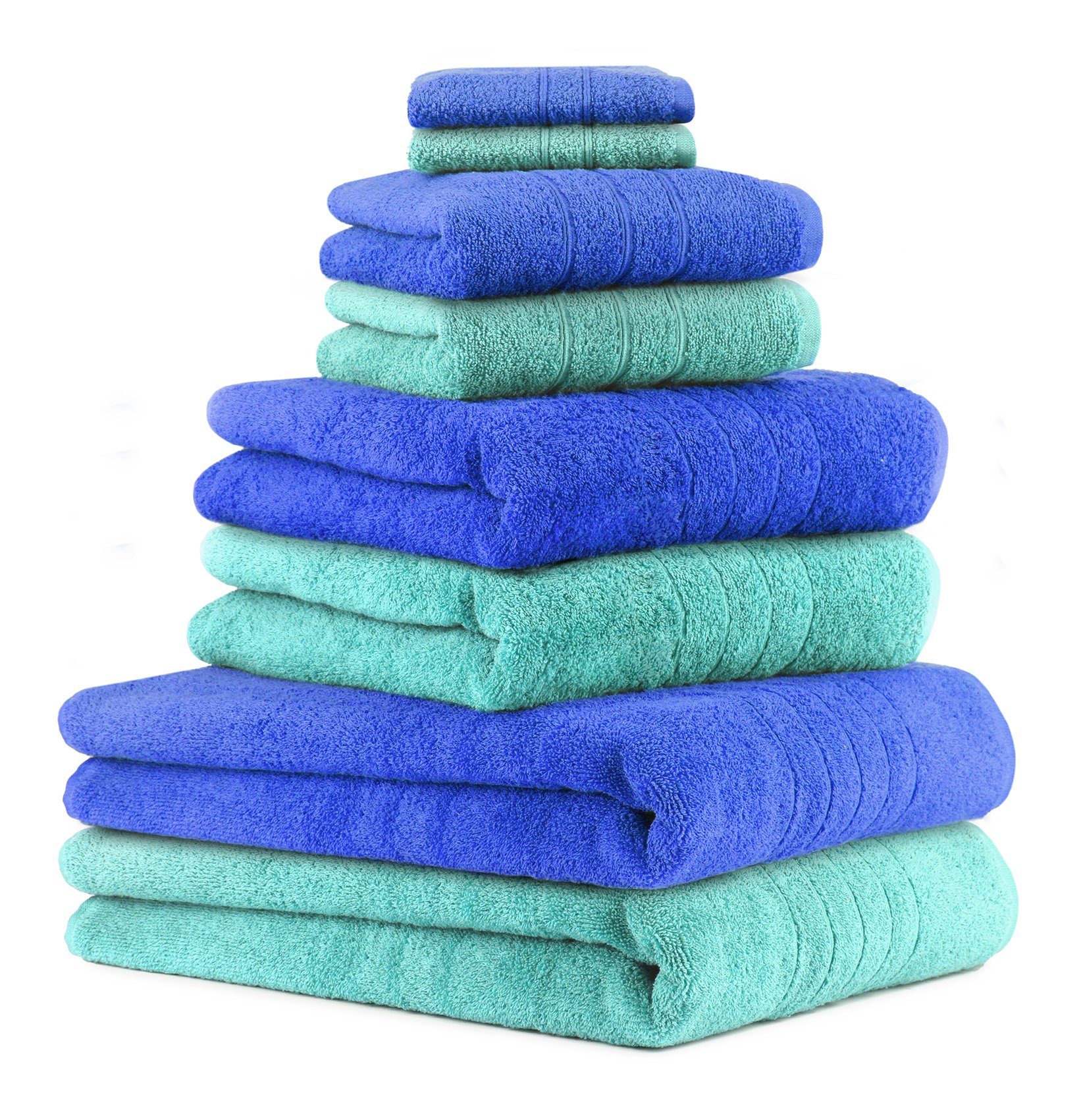 und blau, Handtücher Baumwolle, 2 2 Farbe 8-TLG. Badetücher 100% (8-tlg) 100% Duschtücher Betz Set Handtuch Deluxe Seiftücher türkis 2 2 Handtuch-Set Baumwolle