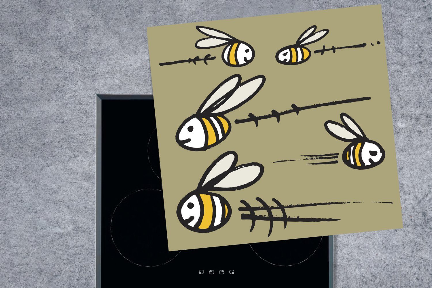 fünf (1 Vinyl, einem tlg), vor Eine Arbeitsplatte MuchoWow Hintergrund, von Bienen Herdblende-/Abdeckplatte Illustration beigen cm, küche 78x78 für Ceranfeldabdeckung,