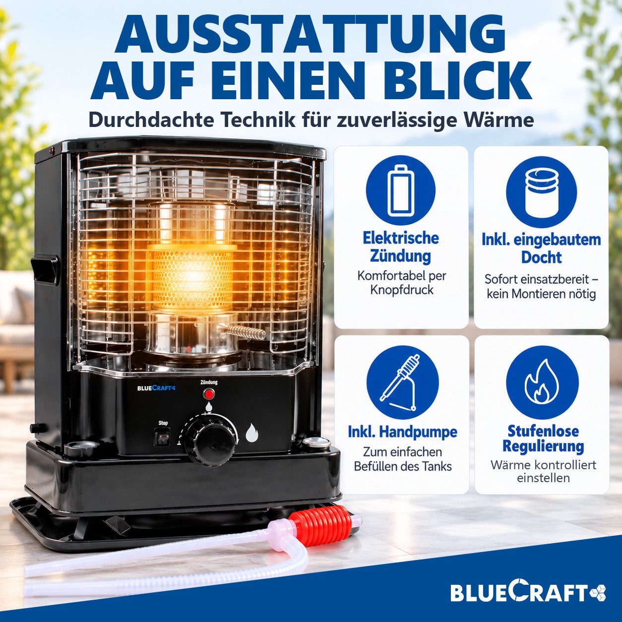 BlueCraft Petroleumheizung Petroleumofen Dochtofen mobile Camping-Heizung Heizofen ohne Strom, Inklusive Docht und Handpumpe Heizstrahler sparsam Heizer Heizger – Bild 5 von 5