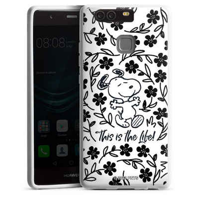 DeinDesign Handyhülle »Peanuts Blumen Snoopy Snoopy Black and White This Is The Life«, Huawei P9 Silikon Hülle Bumper Case Handy Schutzhülle Smartphone Cover