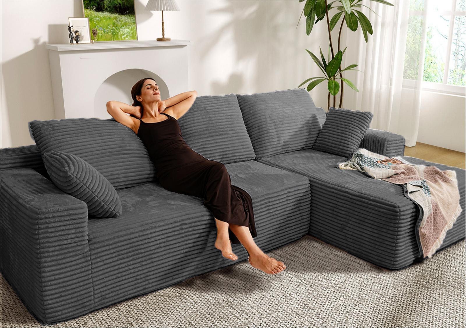 Patbrela Ecksofa Couch L-Form 263cm, Sofa Links Samtstoff Vierersofa mit Liegefläche, keine Montage erforderlich