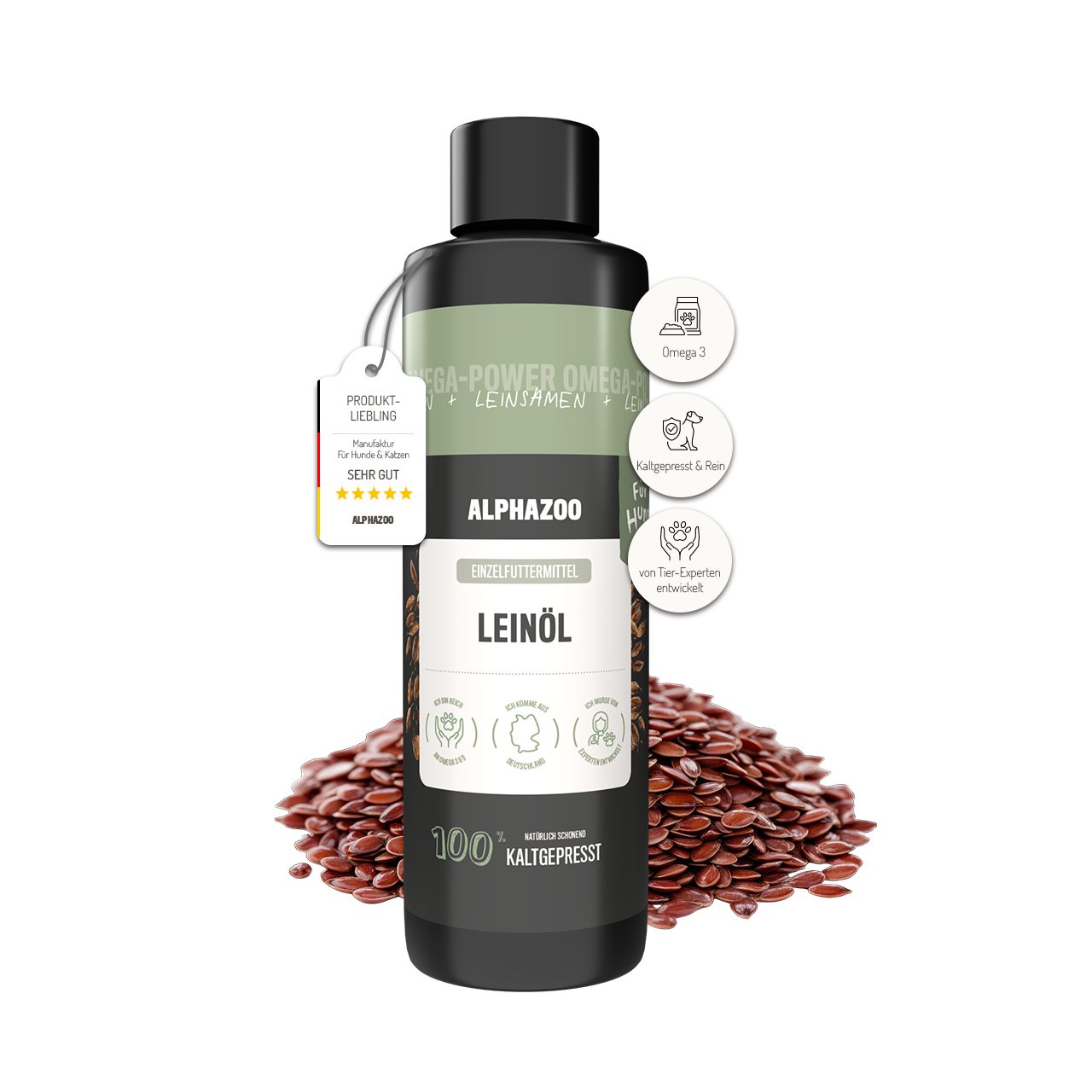 ALPHAZOO Leinöl für Hunde 250ml, Premium Omega-3 Futteröl für Haut und Fell, Ergänzungsfutter für: Hunde, Ideal für BARF und Verdauung