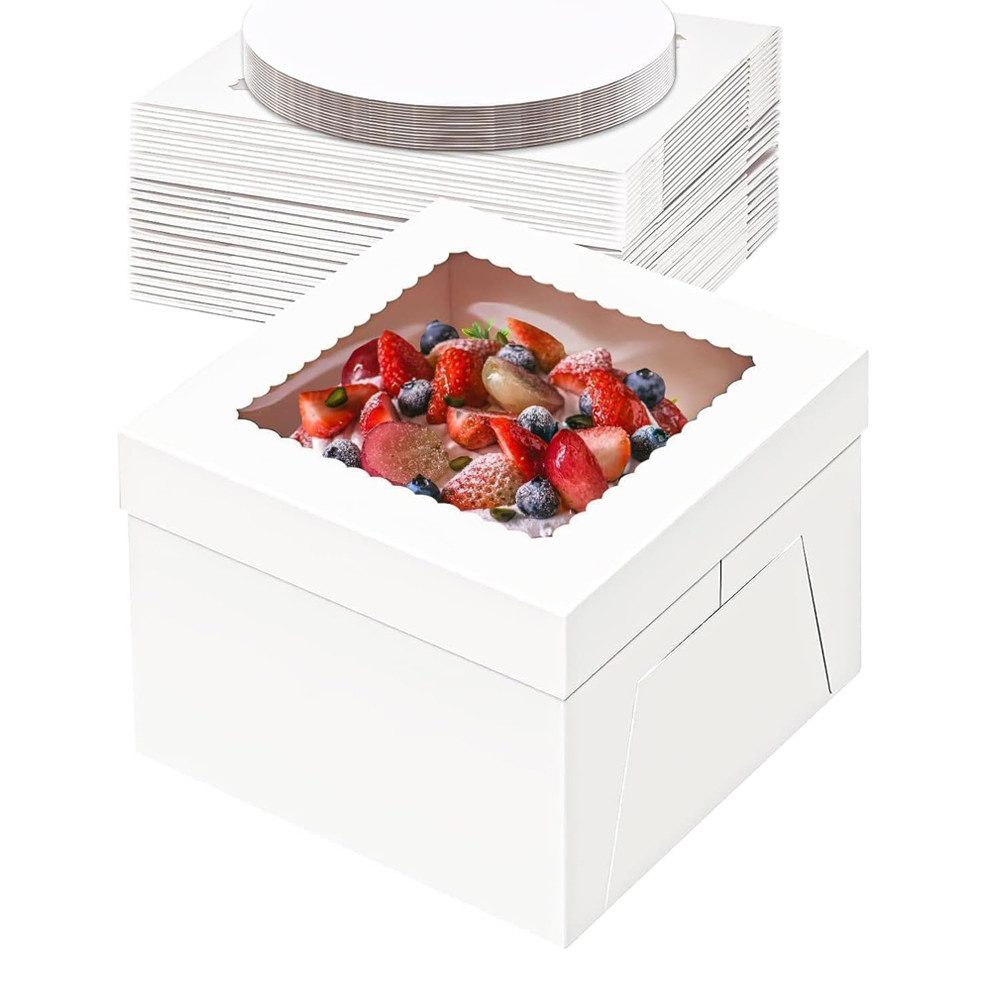 FANNOU Kuchentransportbox Tortenkarton, 5er-Pack Tortenbox Set, Kuchenbox, Tortentransportbox, Tortenschachtel mit Fenster und 5 Kuchenrunde Bretter, Kuchenkarton