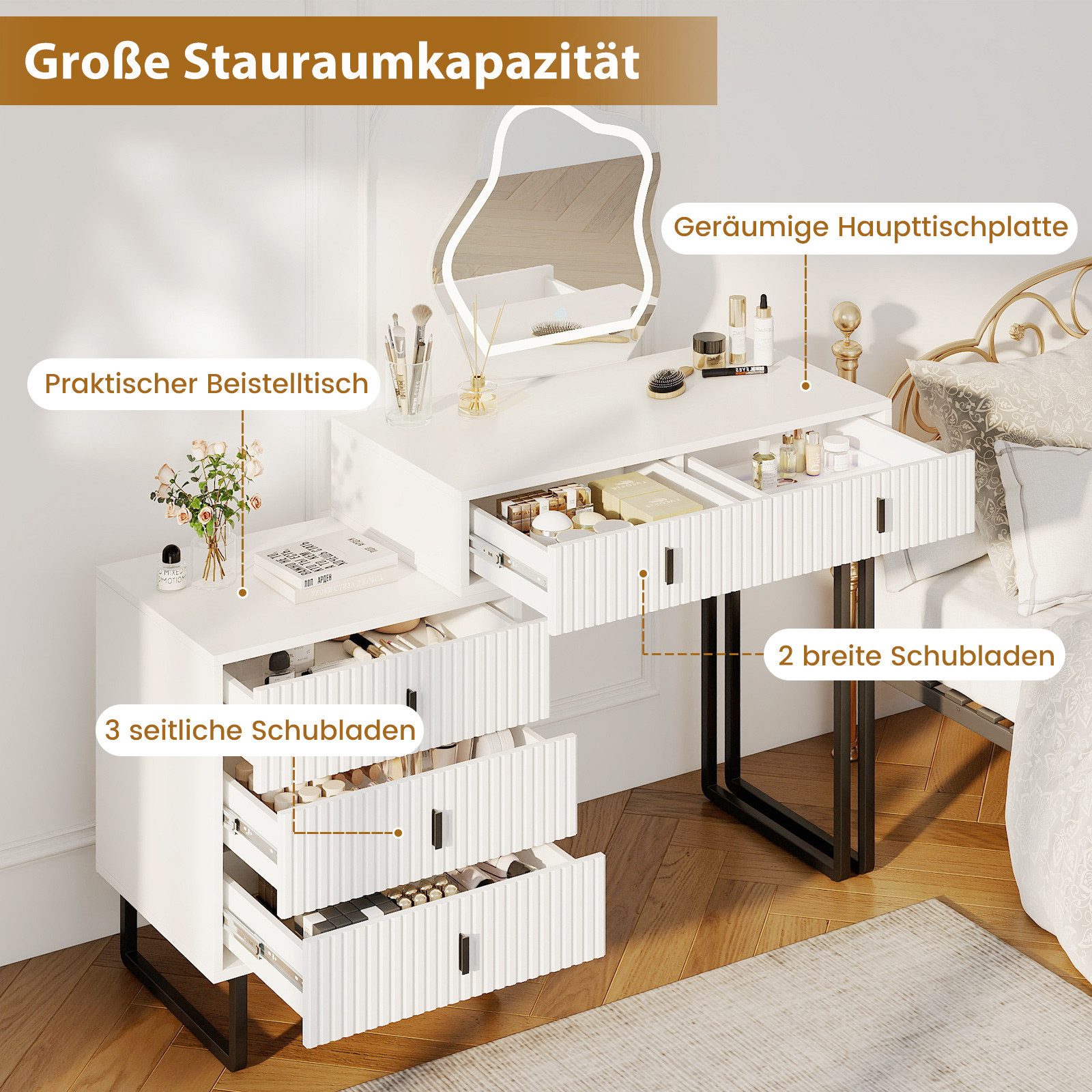 COSTWAY Schminktisch (1-St), mit LED Spiegel & Beistellschrank, Kosmetiktisch