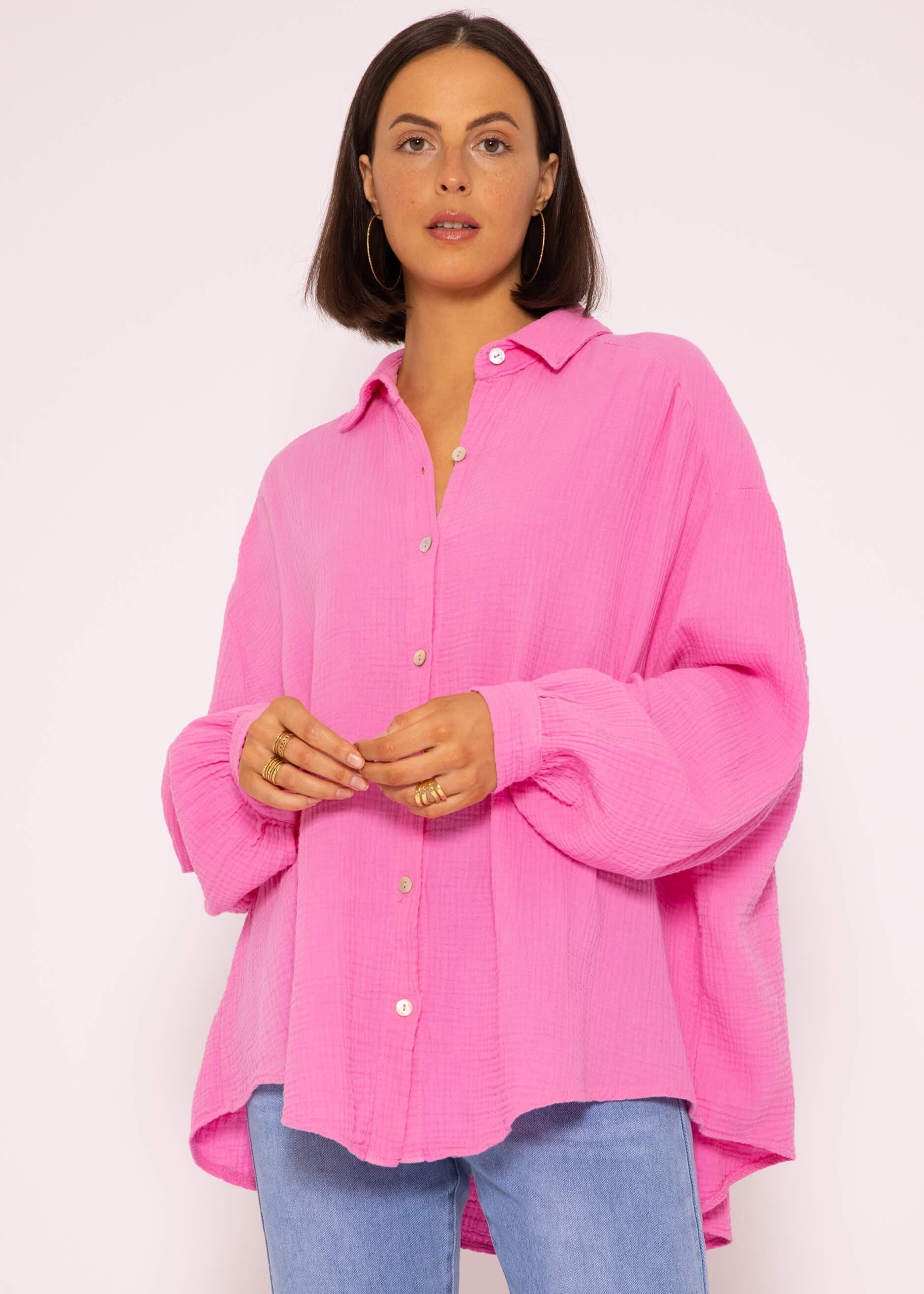 Size aus mit (Gr. Bluse Oversize Baumwolle Damen One Pink lang Longbluse Hemdbluse Musselin V-Ausschnitt, SASSYCLASSY Langarm 36-48)