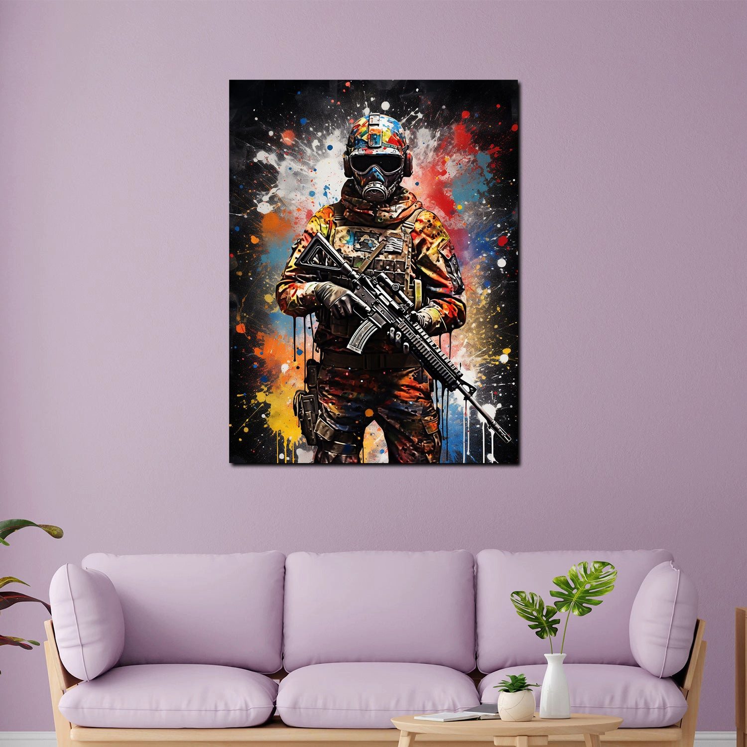 Artedinoi Leinwandbild Soldat mit Gewehr Pop Art Colour Splash Leinwandbild Wandbild XXL, Mann mit Gewehr, Farb-Splash