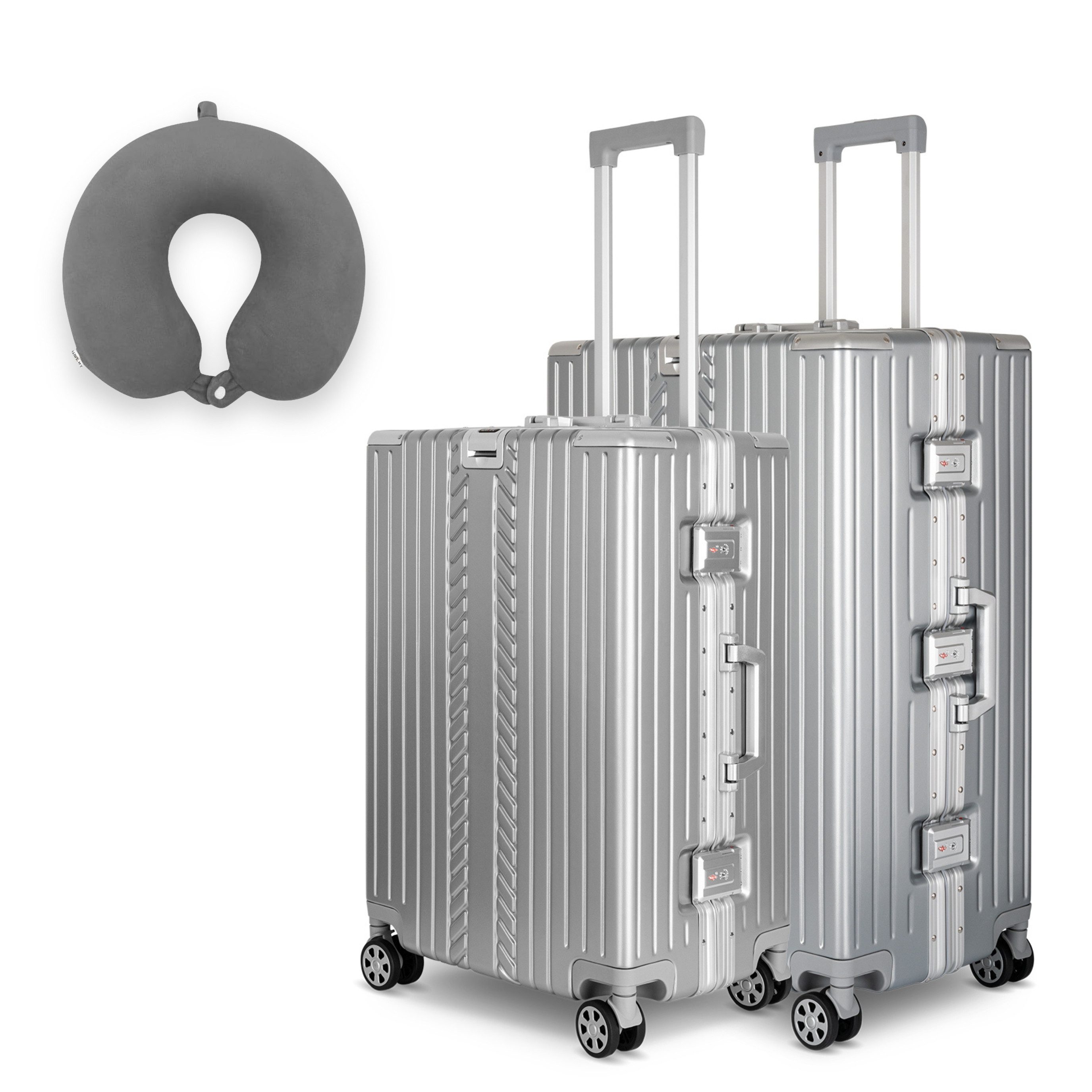 WINLIFE Trolley Hartschalen-Koffer Alu-Rahmen Silber Trolley M, L, XL + Nackenkissen, 4 Doppelrollen Rollen, ABS+PC-Hartschale, TSA-Zahlenschloss, 360°-Doppelrollen