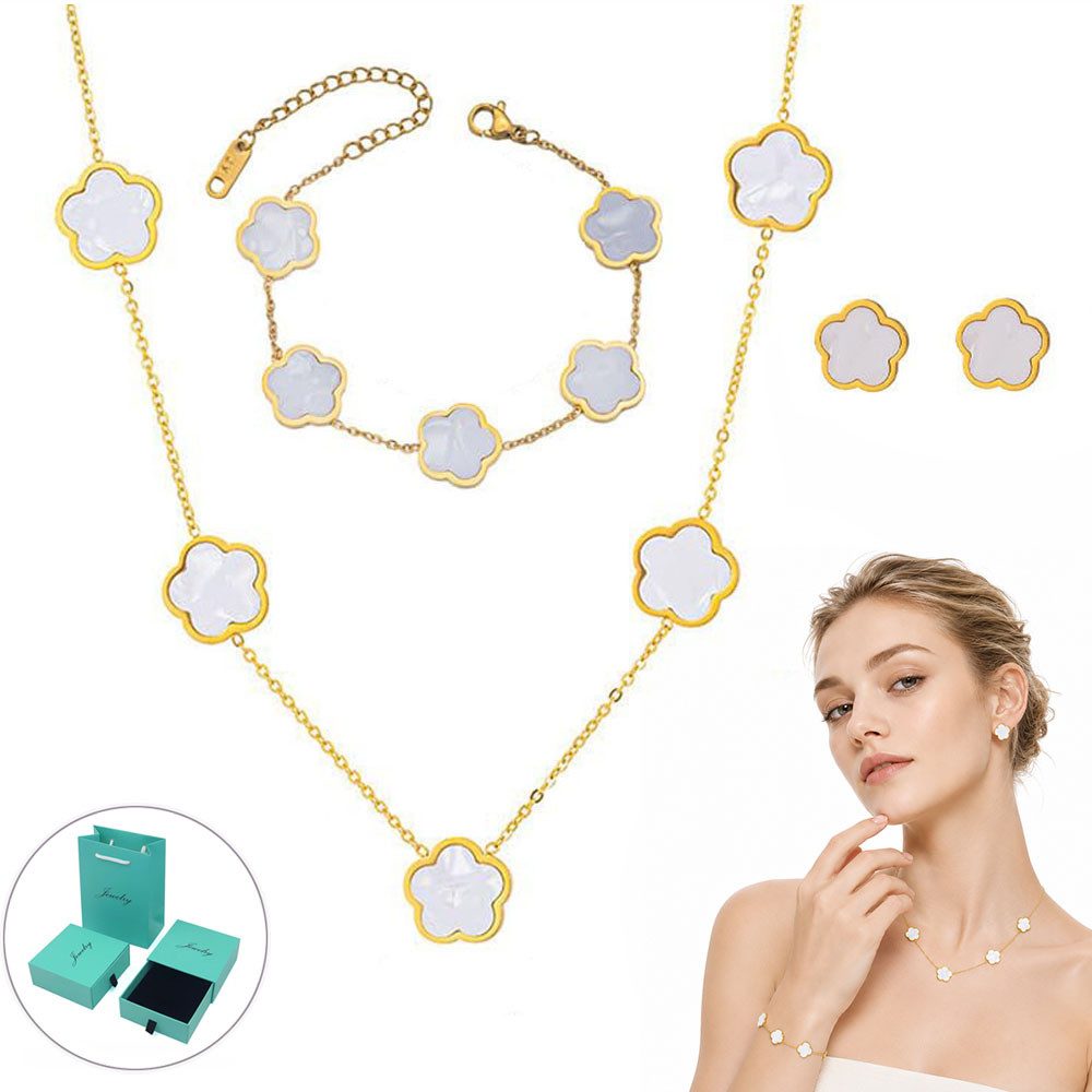 MOPUEA Schmuckset Kleeblatt Schmuck-Set Armband Halskette & Ohrringe mit Geschenkbox (für Hochzeit Geburtstag Jahrestag, 3-tlg), Edelstahl Halskette Ohrstecker Armband mit Zweiseitig Anhänger