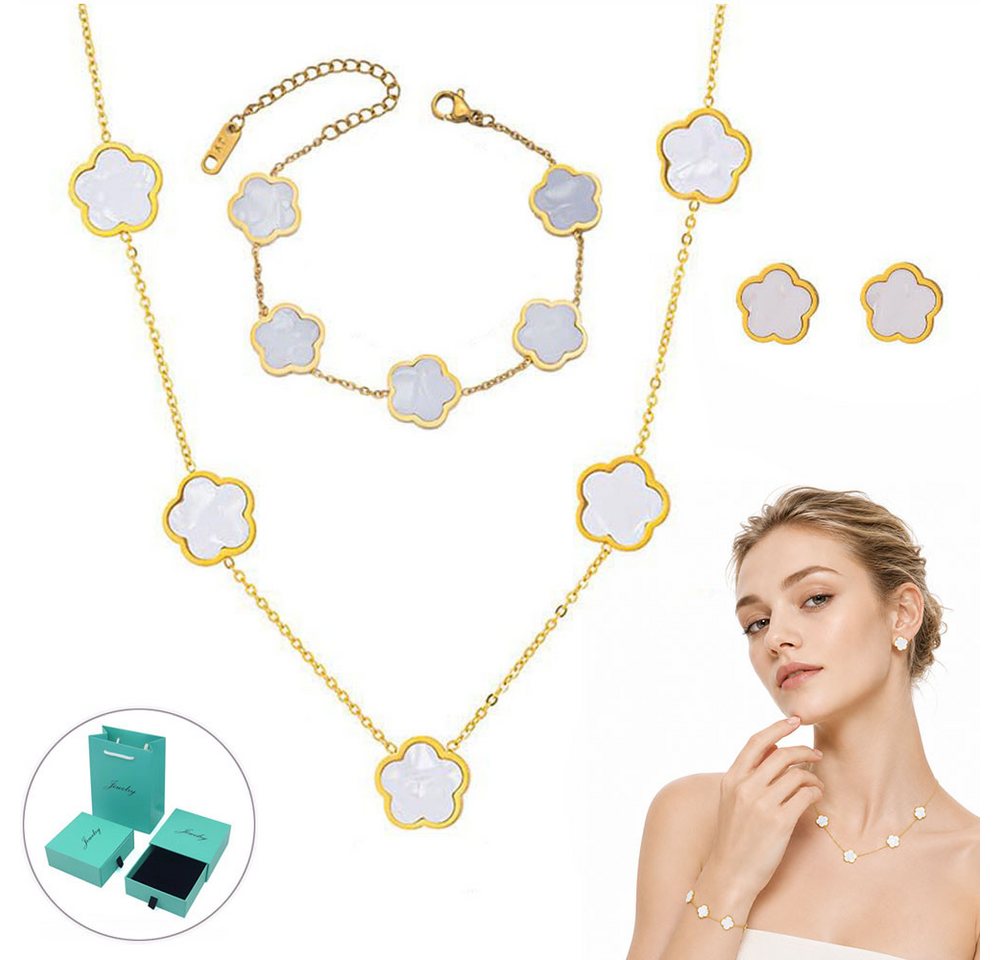MOPUEA Schmuckset Kleeblatt Schmuck-Set Armband Halskette & Ohrringe mit Geschenkbox (für Hochzeit Geburtstag Jahrestag, 3-tlg), Edelstahl Halskette Ohrstecker Armband mit Zweiseitig Anhänger