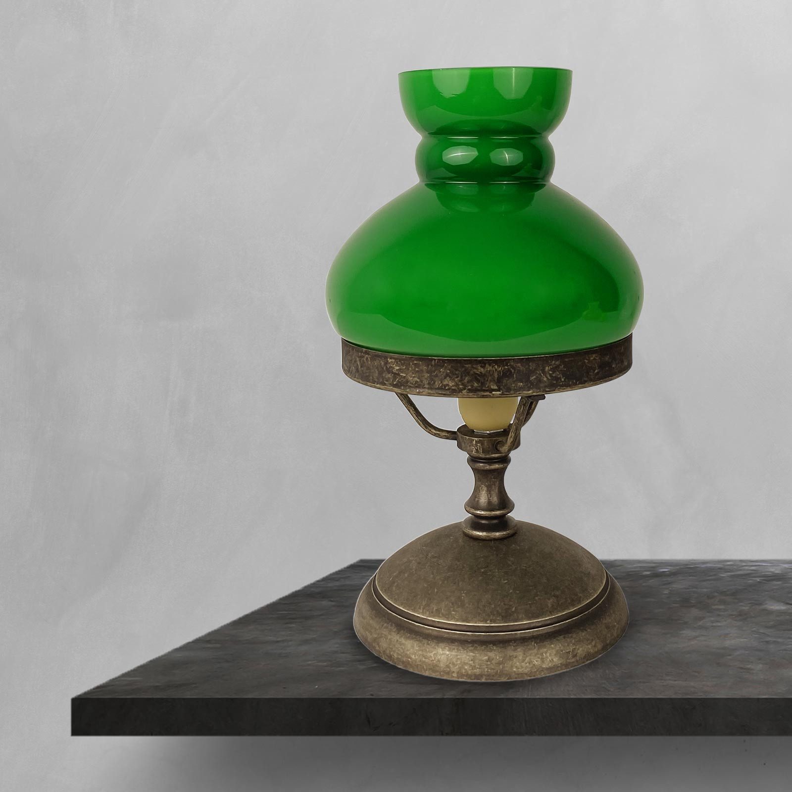 Licht-Erlebnisse Tischleuchte DANIEL, ohne Leuchtmittel, E14 23,5 cm D: 13,5 cm in Bronze Antik matt Grün Glas Messing massiv