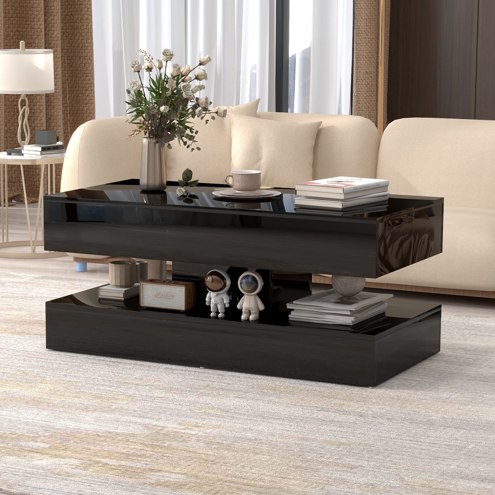 JOIVI Couchtisch Couchtisch im Hochglanz Moderner Kaffeetisch mit 2 Schuhbladen (Wohnzimmertisch in 100 x50x45cm), Sofatisch für Wohnzimmer, Schlafzimmer, Büro, Schwarz