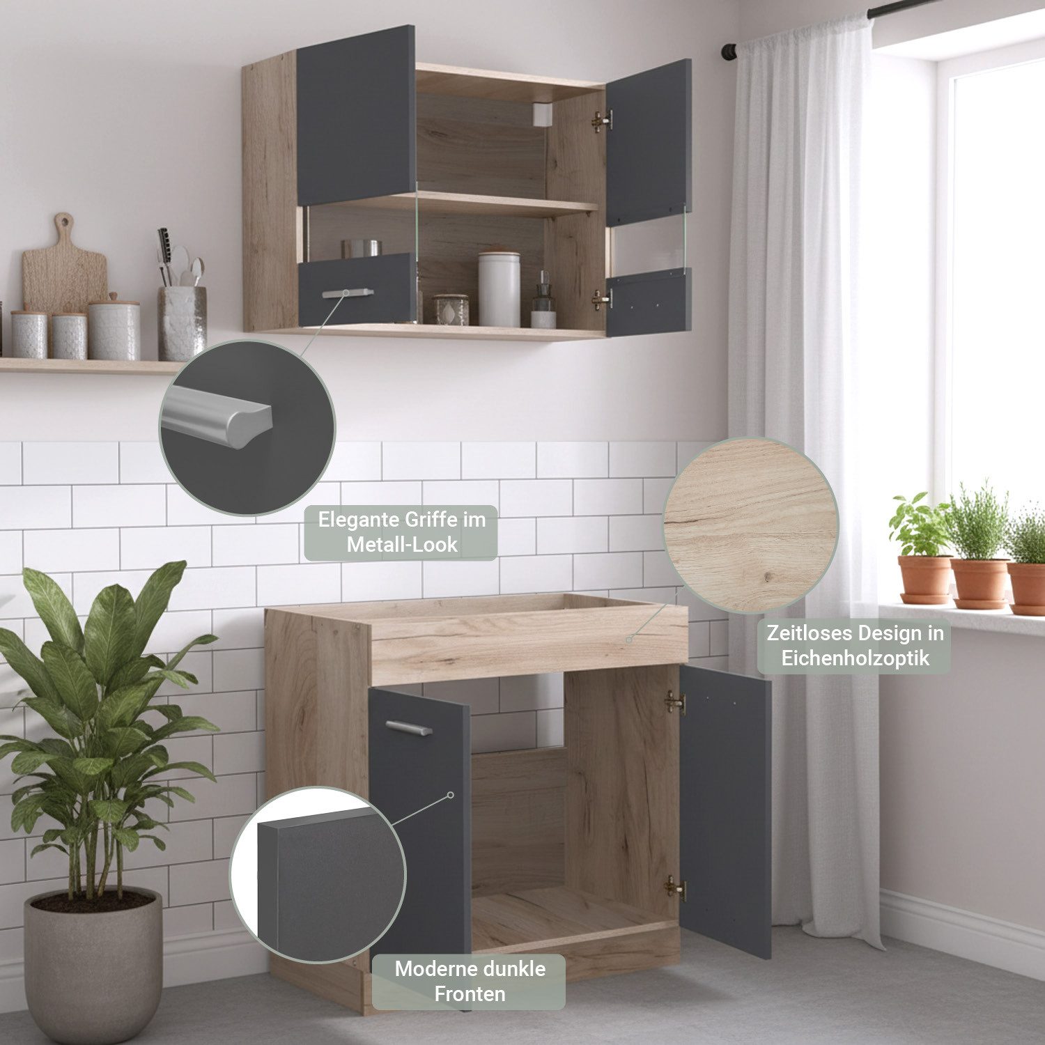 Meuble de cuisine Homestyle4u 80 cm sans électroménager, cuisine simple, chêne gris mat, placards hauts vitrés, (placards hauts, placards bas), bloc cuisine avec placards hauts et bas, cuisine aménagée