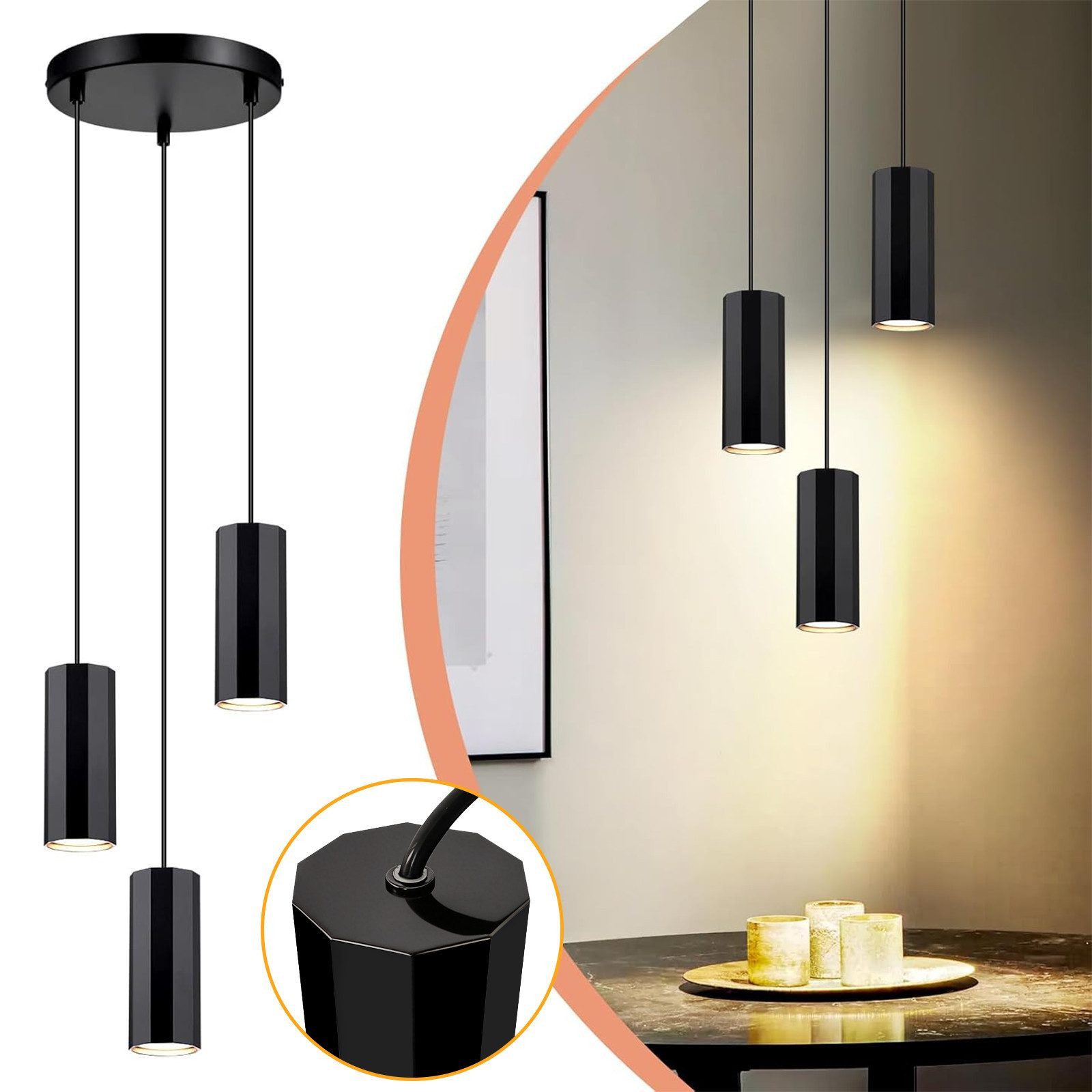 Nettlife Pendelleuchte 1/3/4flammig Schwarz Hängelampe GU10 Esstisch Wohnzimmer modern, ohne Leuchtmittel, für Esszimmer Küche Flur Wohnzimmer Schlafzimmer