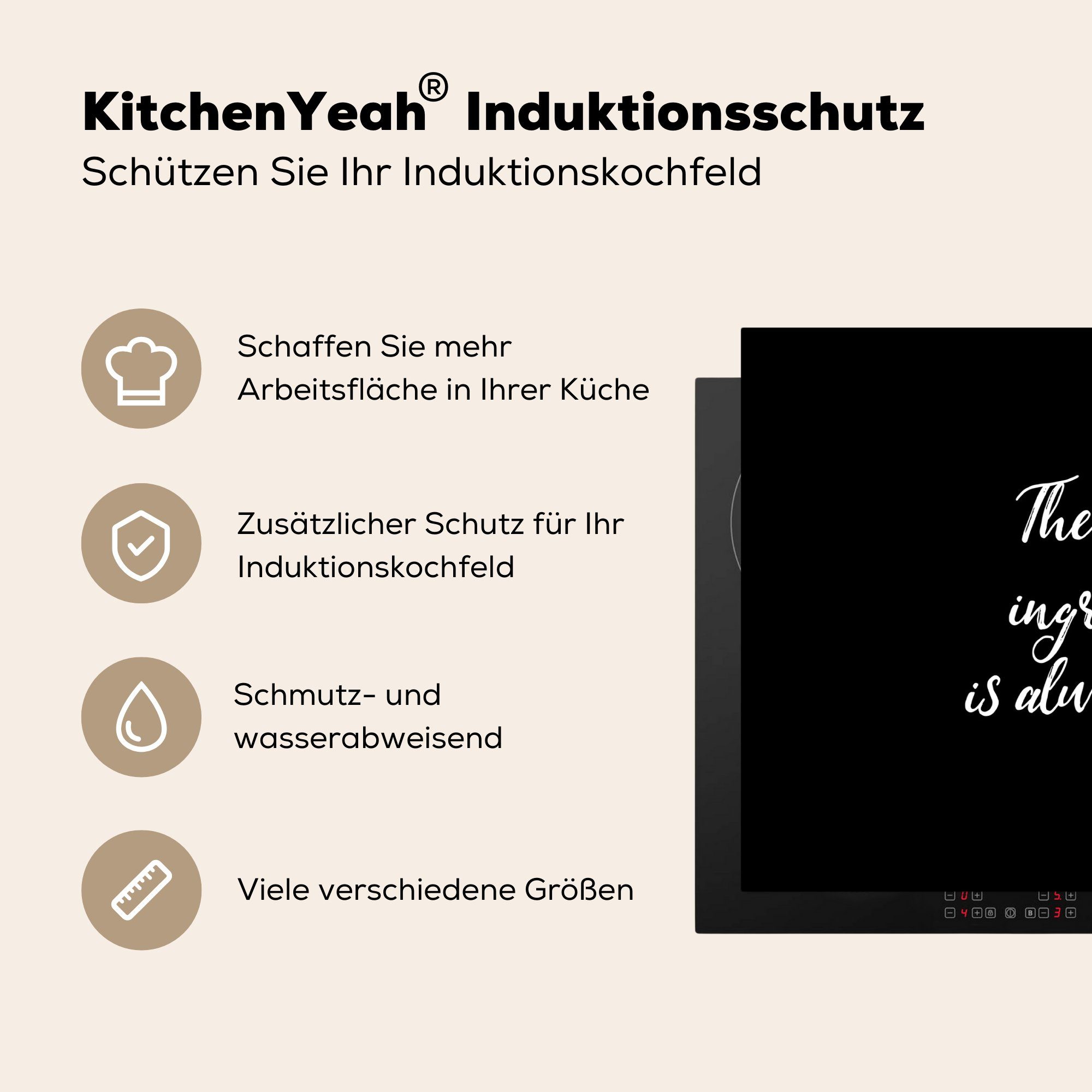 (1 Kochen Die die Sprichwörter, 70x52 Arbeitsfläche ist MuchoWow tlg), Liebe Vinyl, - immer Ceranfeldabdeckung Zitate geheime Mobile Zutat - cm, Herdblende-/Abdeckplatte nutzbar, -