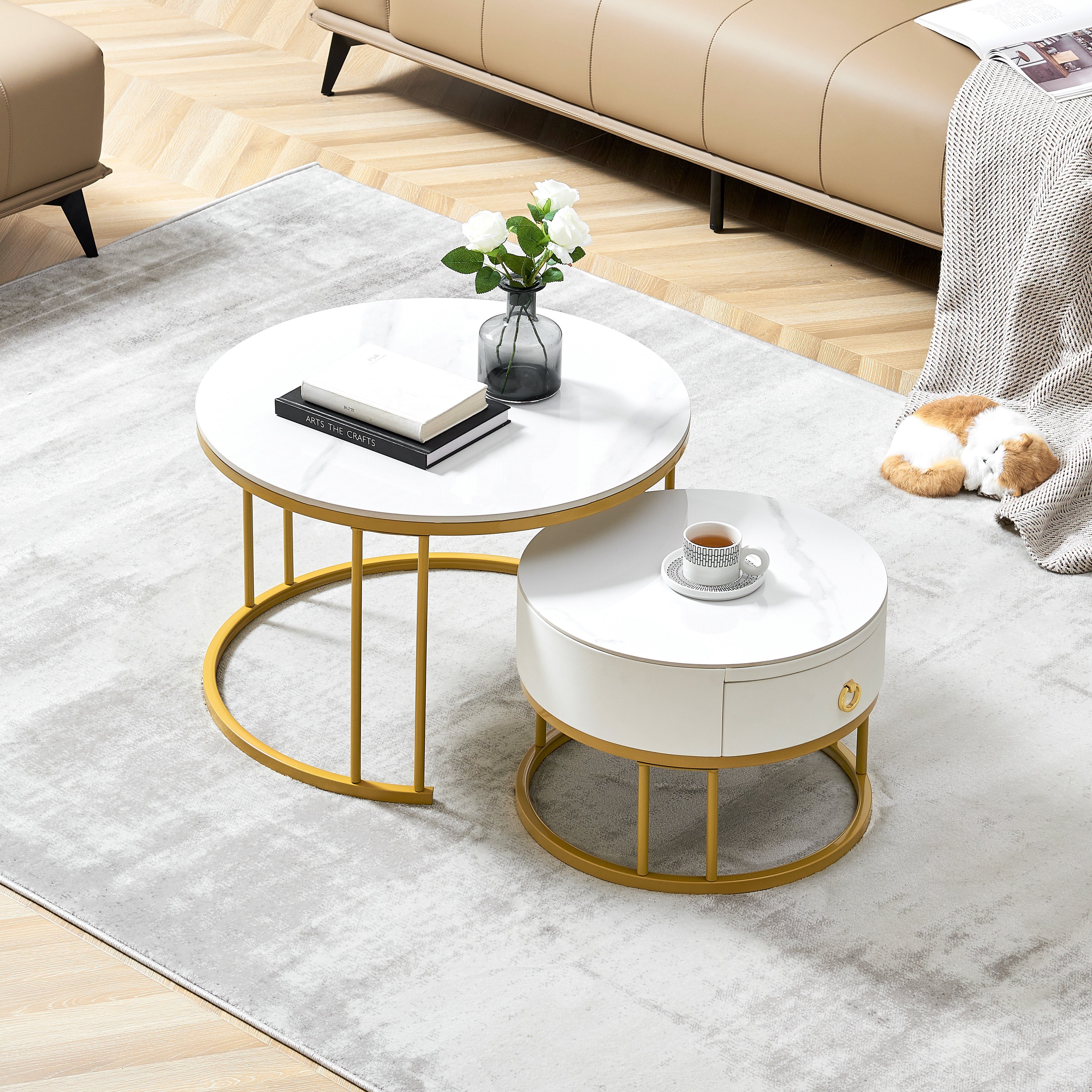 WISHDOR Couchtisch Kaffeetisch Wohnzimmertisch Satztisch (2-teiliges Schublade Set, mit goldfarben Lötstellenstruktur) Keine Schiefer-Tischplatte, Beistelltisch