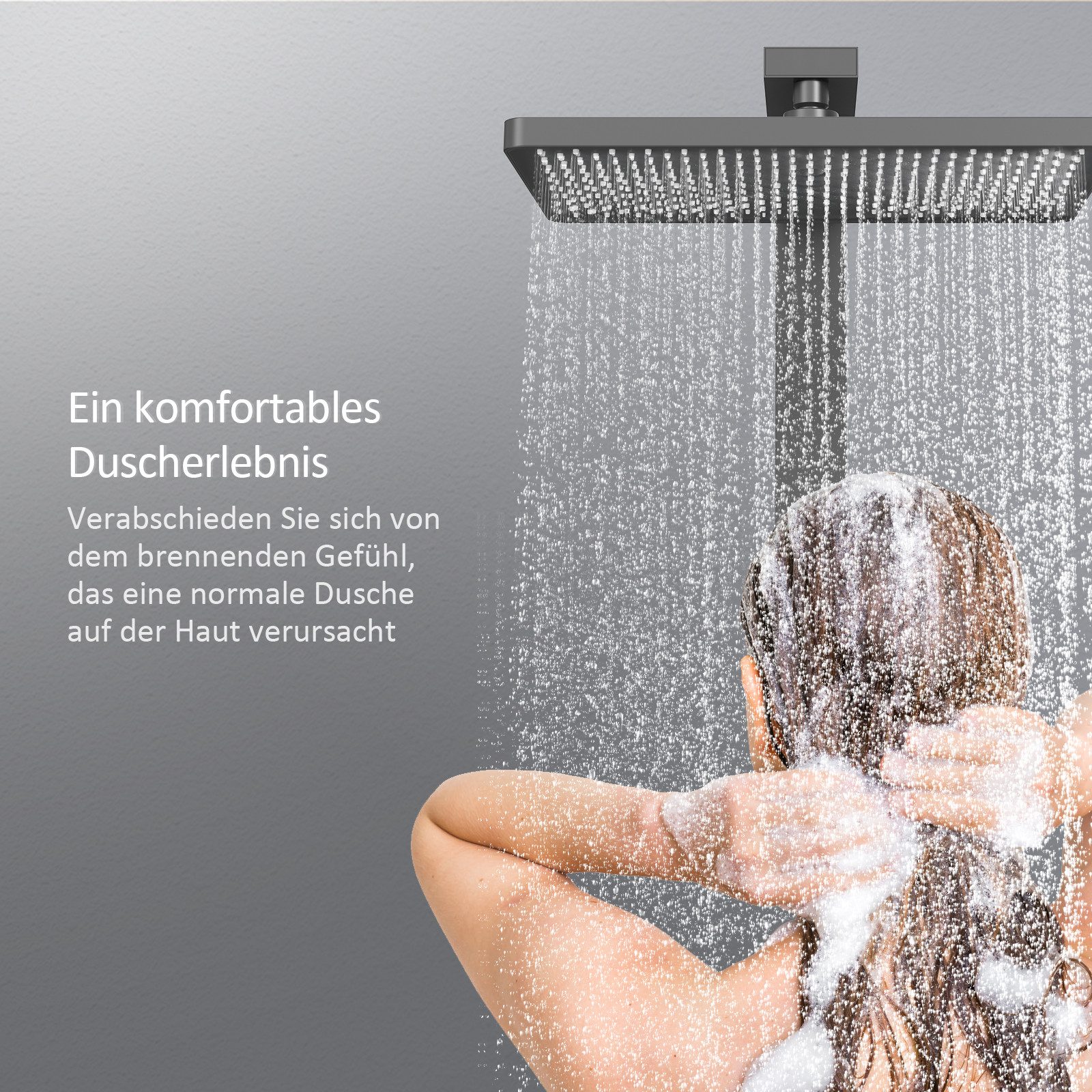 EMKE Duschsystem mit 71 cm Ablage und Thermostat eckig Regendusche und Duscharmatur, Regendusche, Wasserfall-Auslauf, Handbrause, Mattschwarz