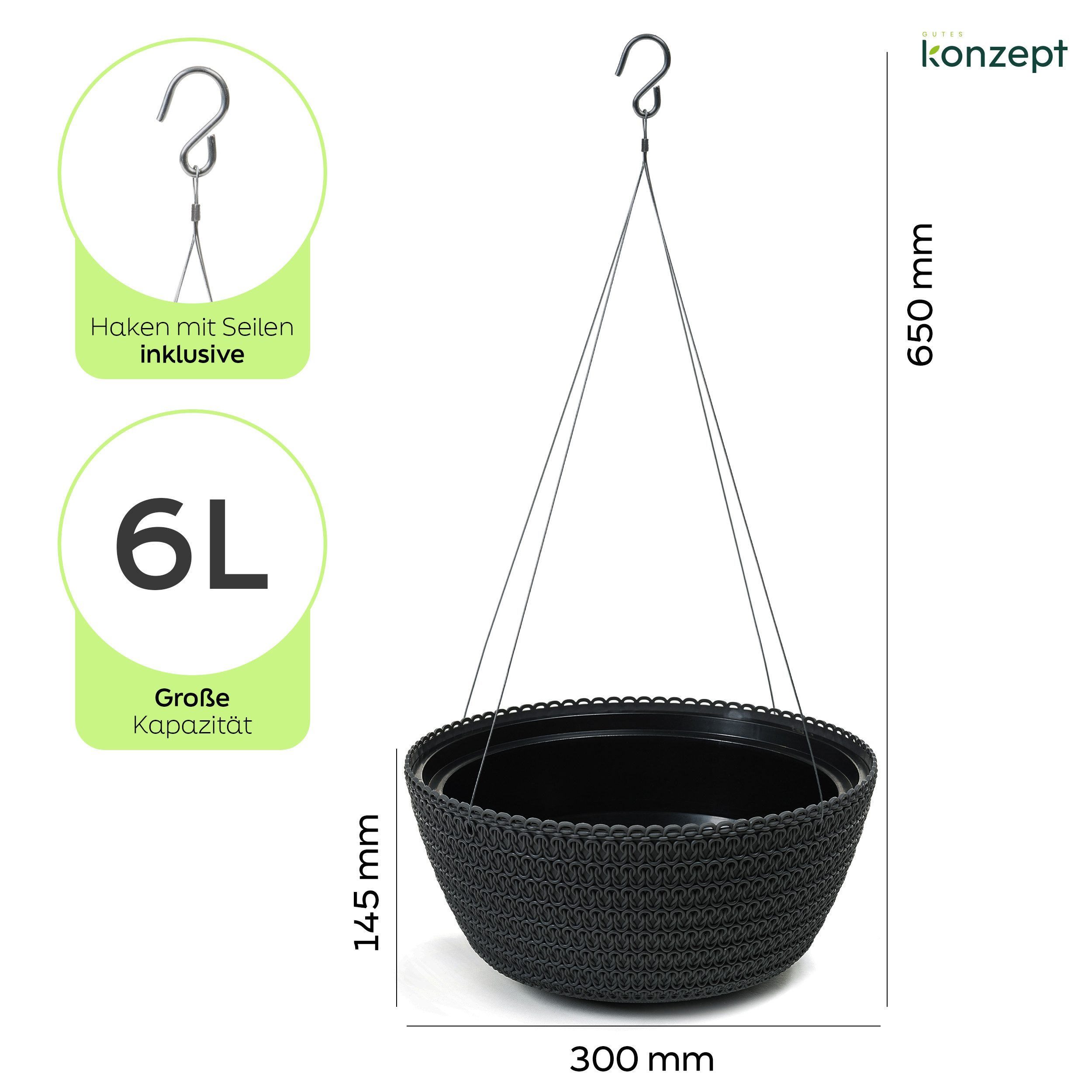 KONZEPT Blumenampel Hängend für Innen und Außen (Durchmesser: 30 cm Grau, Anthrazit, Weiß, Hängetopf für Pflanzen), geflochtenes Muster, robust