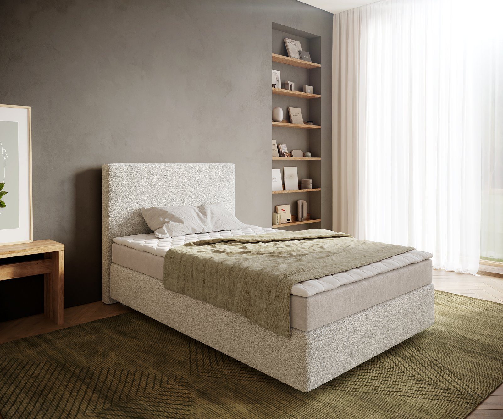 DELIFE Boxspringbett Dream-Well, Bouclé Creme-Weiß 120x200 cm mit Matratze und Topper