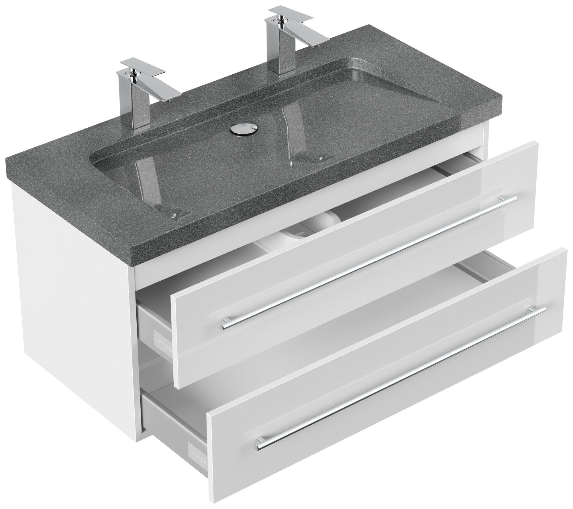 Magnolia Home Waschtisch Badmöbel Granit G654 Damo 100 cm 2 Hahnlöcher SoftClose weiß hochglanz