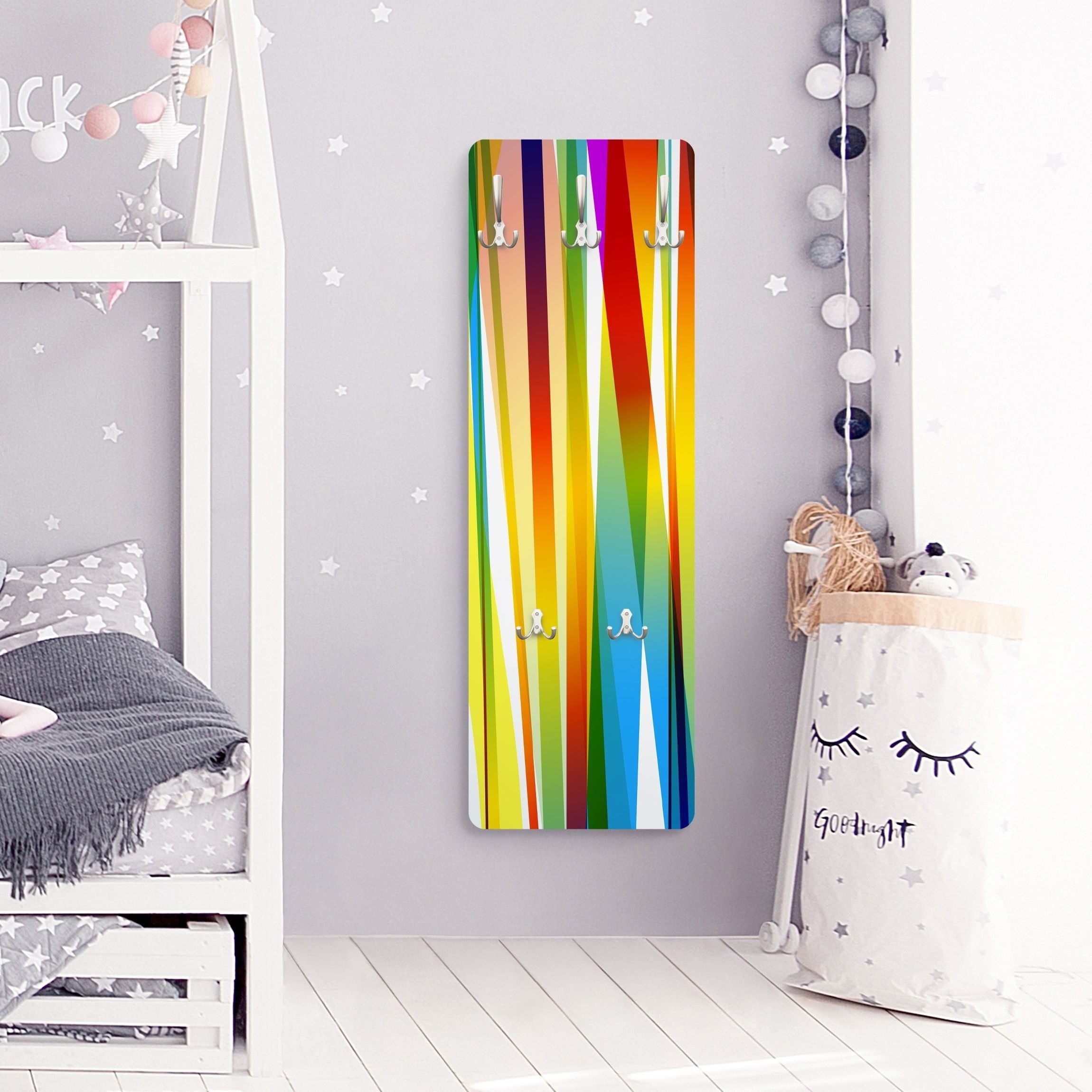Bilderdepot24 Garderobenpaneel Design Kinder Kunst Muster Rainbow Stripes (ausgefallenes Flur Wandpaneel mit Garderobenhaken Kleiderhaken hängend), moderne Wandgarderobe - Flurgarderobe im schmalen Hakenpaneel Design