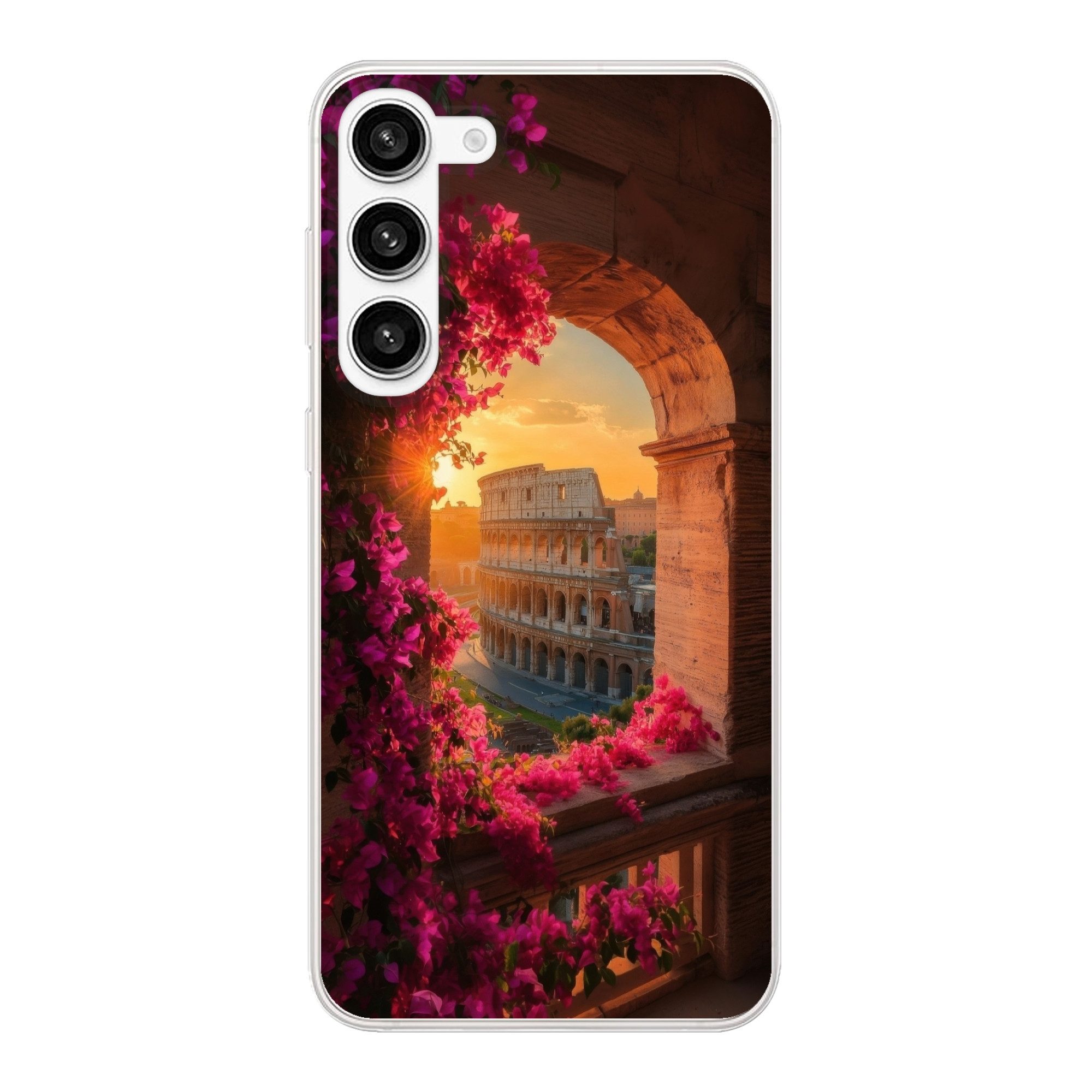 MuchoWow Handyhülle für Samsung Galaxy S23 Plus Kolosseum - Rom - Rosa Blumen, Phone Case, Silikon, Schutzhülle Dünn