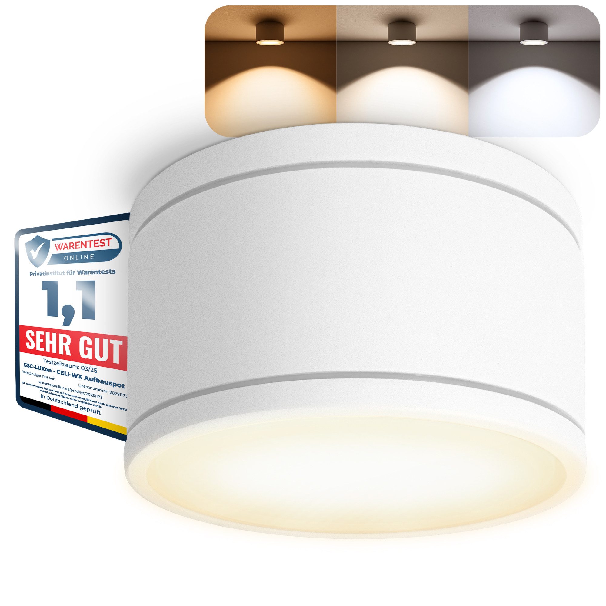 SSC-LUXon LED Außen-Deckenleuchte CELI-WX LED Aufbaustrahler IP44 weiß 3 Lichtfarben GX53 230V, Tageslichtweiß, Warmweiß, Neutralweiß