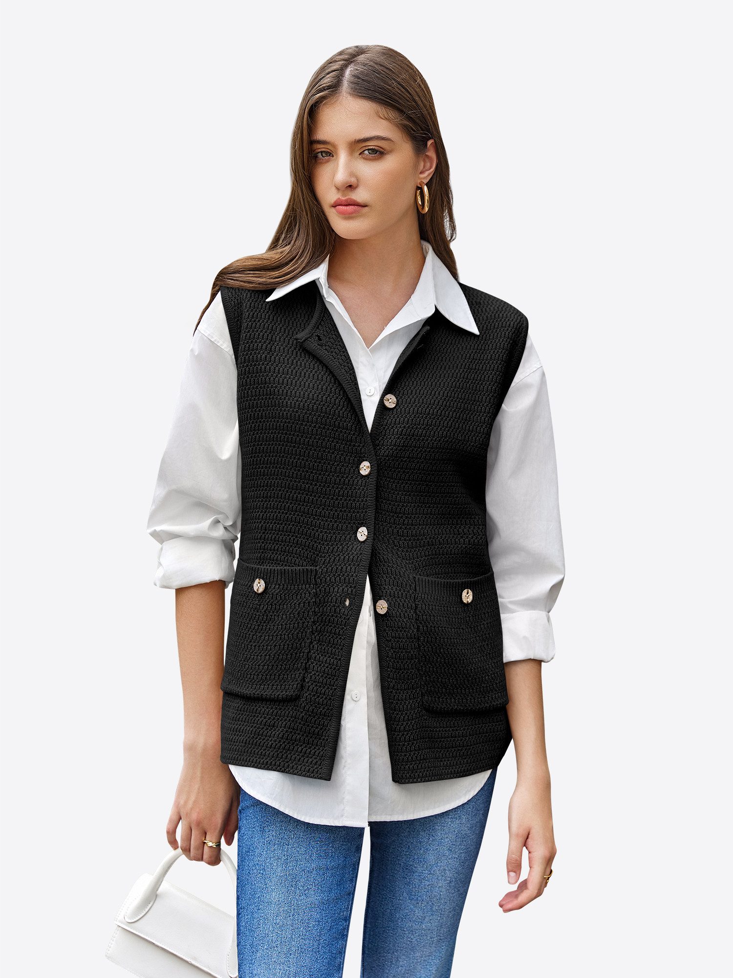 Imily Bela Strickweste Damen Freizeitweste mit Tasche (Packung, 1-tlg., 1per-Pack) Rippbündchen