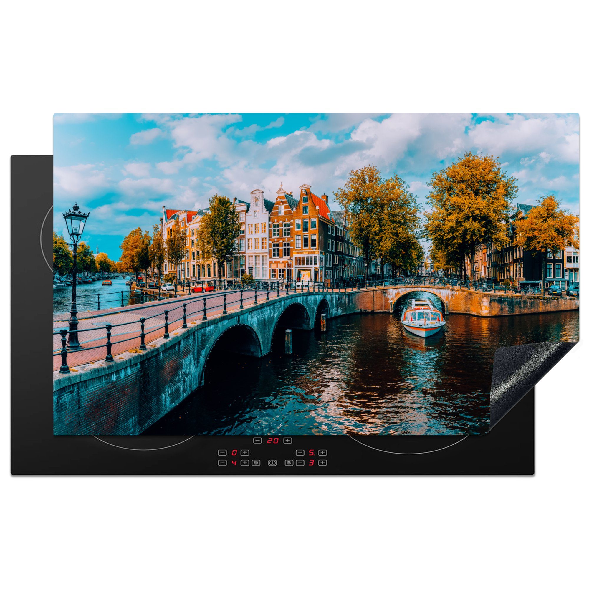 [Sieht elegant aus] MuchoWow Herdblende-/Abdeckplatte Panorama - Amsterdam Gracht, küche für Arbeitsplatte Vinyl, (1 Ceranfeldabdeckung, 83x51 tlg), - cm