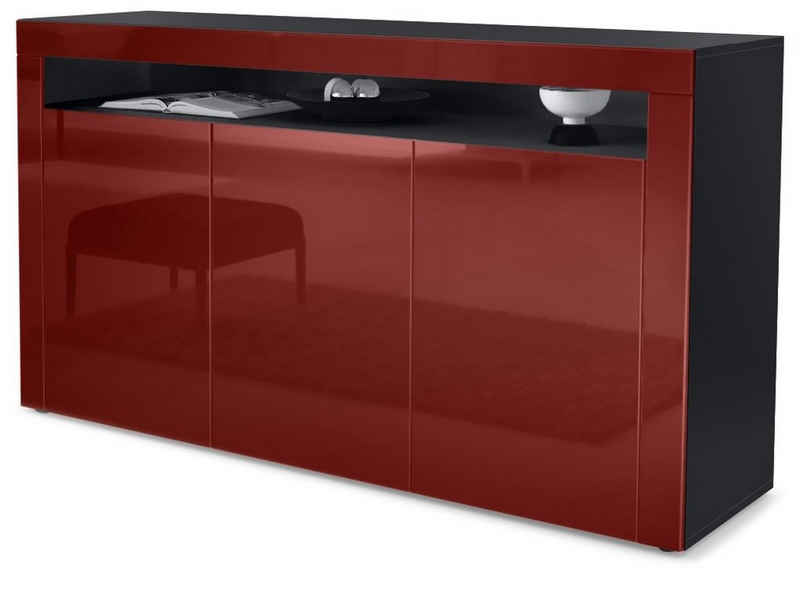 Vladon Sideboard Valencia (Sideboard, mit 3 Двери und 1 offenem Fach), Schwarz matt/Bordeaux Hochglanz/Bordeaux Hochglanz (155 x 92 x 40 cm)