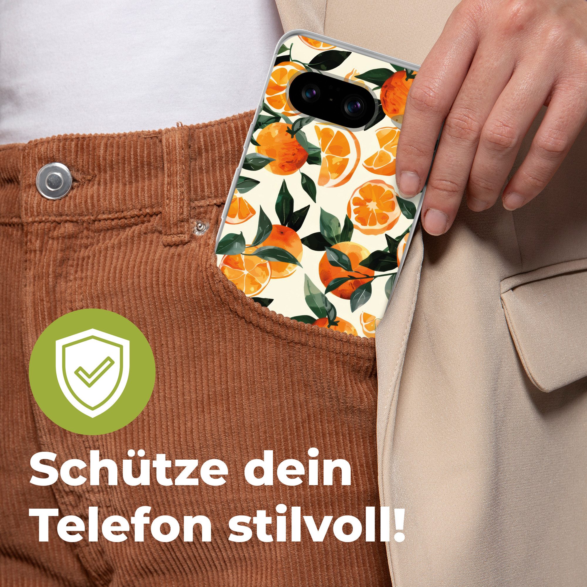 MuchoWow Handyhülle für Google Pixel 8 Orangen - Früchte - Blätter - Orange - Grün - Beige, Handy Case, Silikon, Bumper Case Dünn