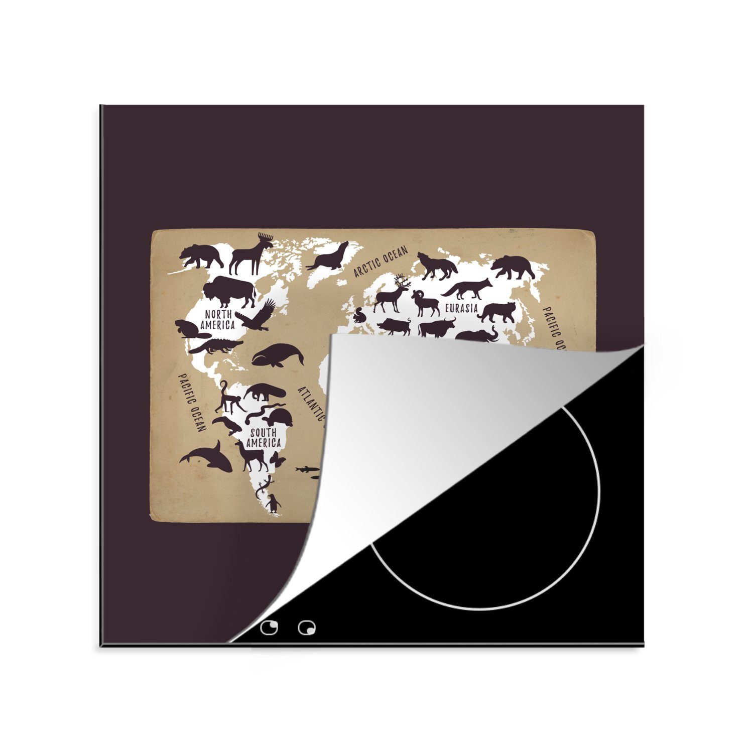 MuchoWow Herdblende-/Abdeckplatte Weltkarte Kinder - Weiß - Braun, Vinyl, (1 tlg), 78x78 cm, Ceranfeldabdeckung, Arbeitsplatte für küche