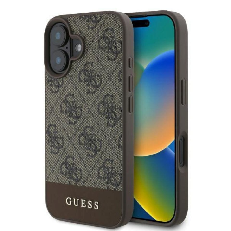 Guess Handyhülle iPhone 16 Kunstleder Muster braun Logo Schrift goldfarbig 6,1 Zoll, Kantenschutz