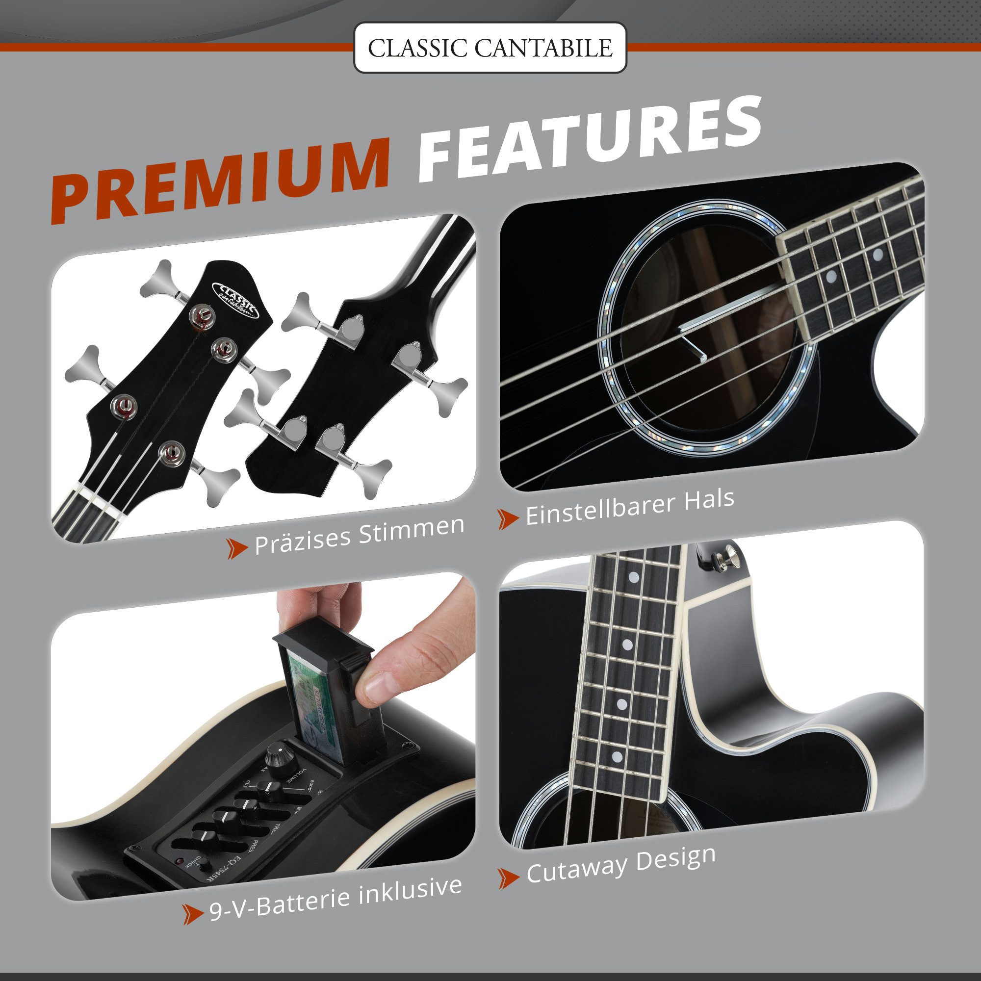 Classic Cantabile Akustik-Bass AB4-20CE Short Scale-Akustik Bass - mit Tonabnehmer, Grand Concert mit Cutaway, Undersaddle-Piezo mit EQ-7545R Preamp – Bild 5 von 5