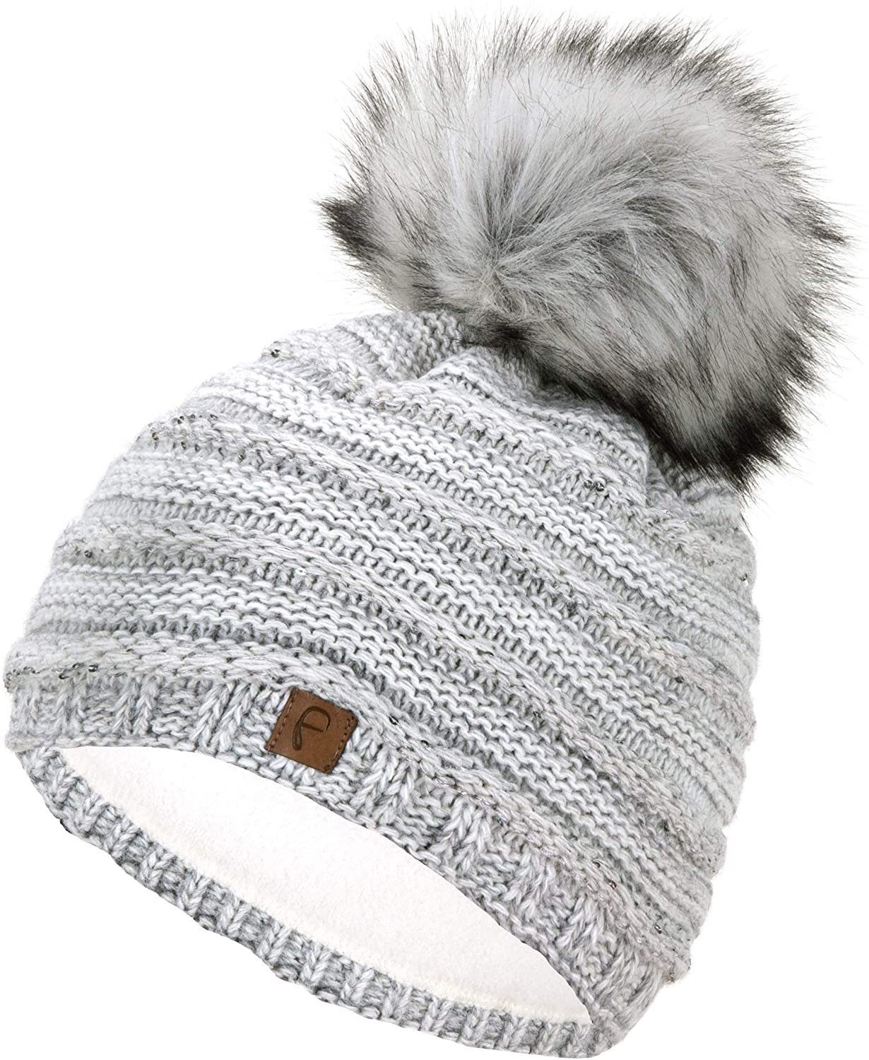 Faera Beanie Faera Wintermütze mit Futter mit Kunstfell Bommel Unisex One-Size