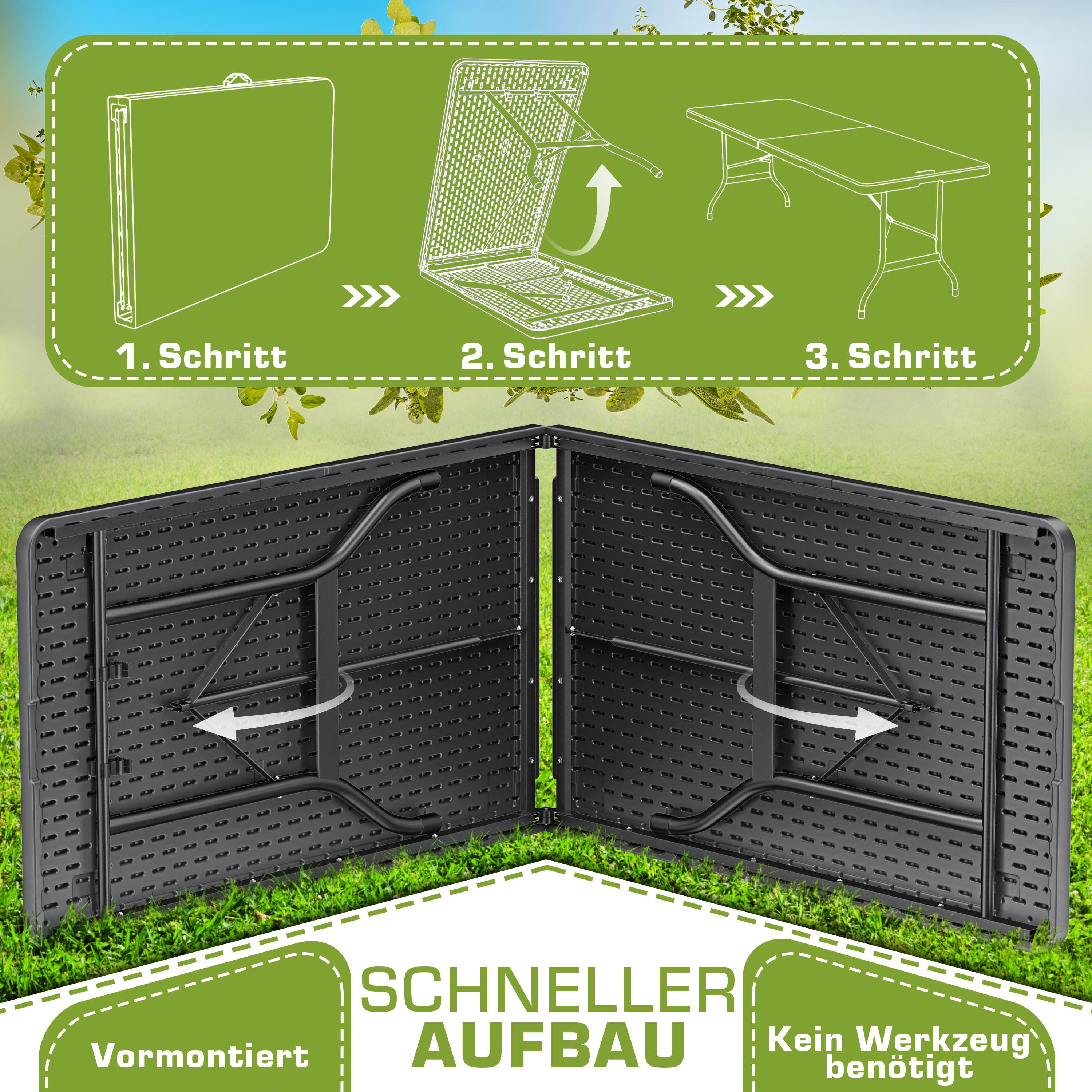tillvex Gartentisch Gartentisch Buffettisch klappbar Kunststoff 180x75cm, Klapptisch mit Tragegriff Garten Terrasse und Balkon, Campingtisch – Bild 5 von 5