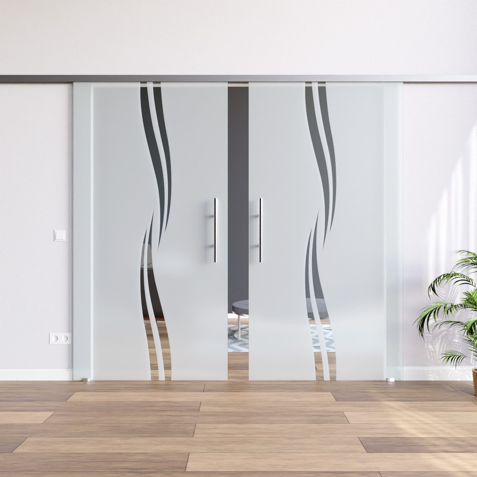 AMOD Glasschiebetür M2-GE420+DPL, 2-flügelig mit Griffstangen (beidseitig) und SoftStop (beidseitig)