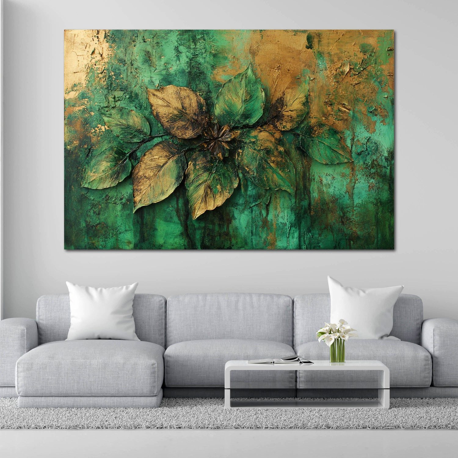 Artedinoi Leinwandbild Blattstruktur Gold Grün Naturrelief Wandbild Leinwandbild Kunstdruck X, Blattrelief in Gold-Grün