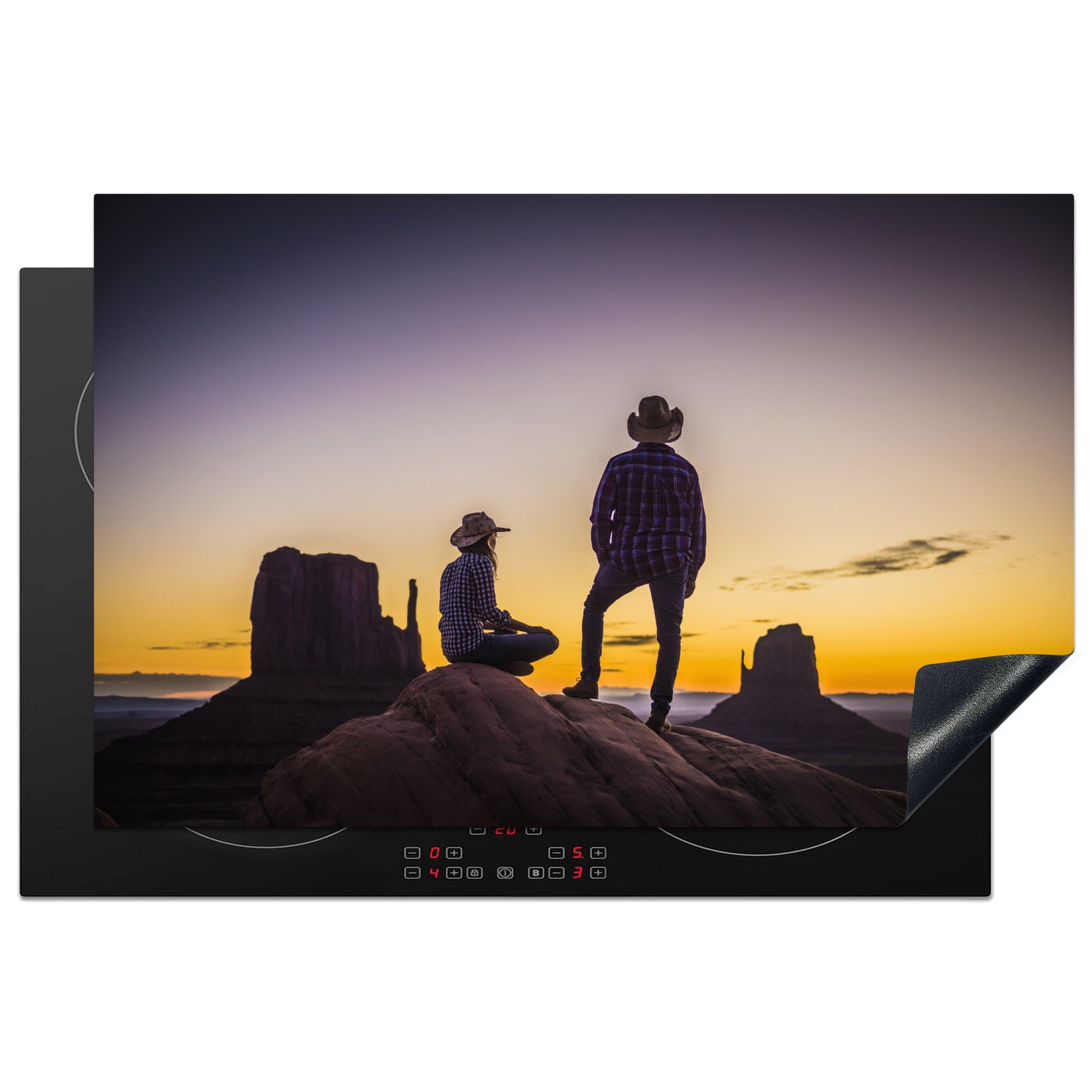 MuchoWow Herdblende-/Abdeckplatte Zwei Cowboys in einer bergigen Gegend bei Sonnenuntergang, Vinyl, (1 tlg), 81x52 cm, Induktionskochfeld Schutz für die küche, Ceranfeldabdeckung