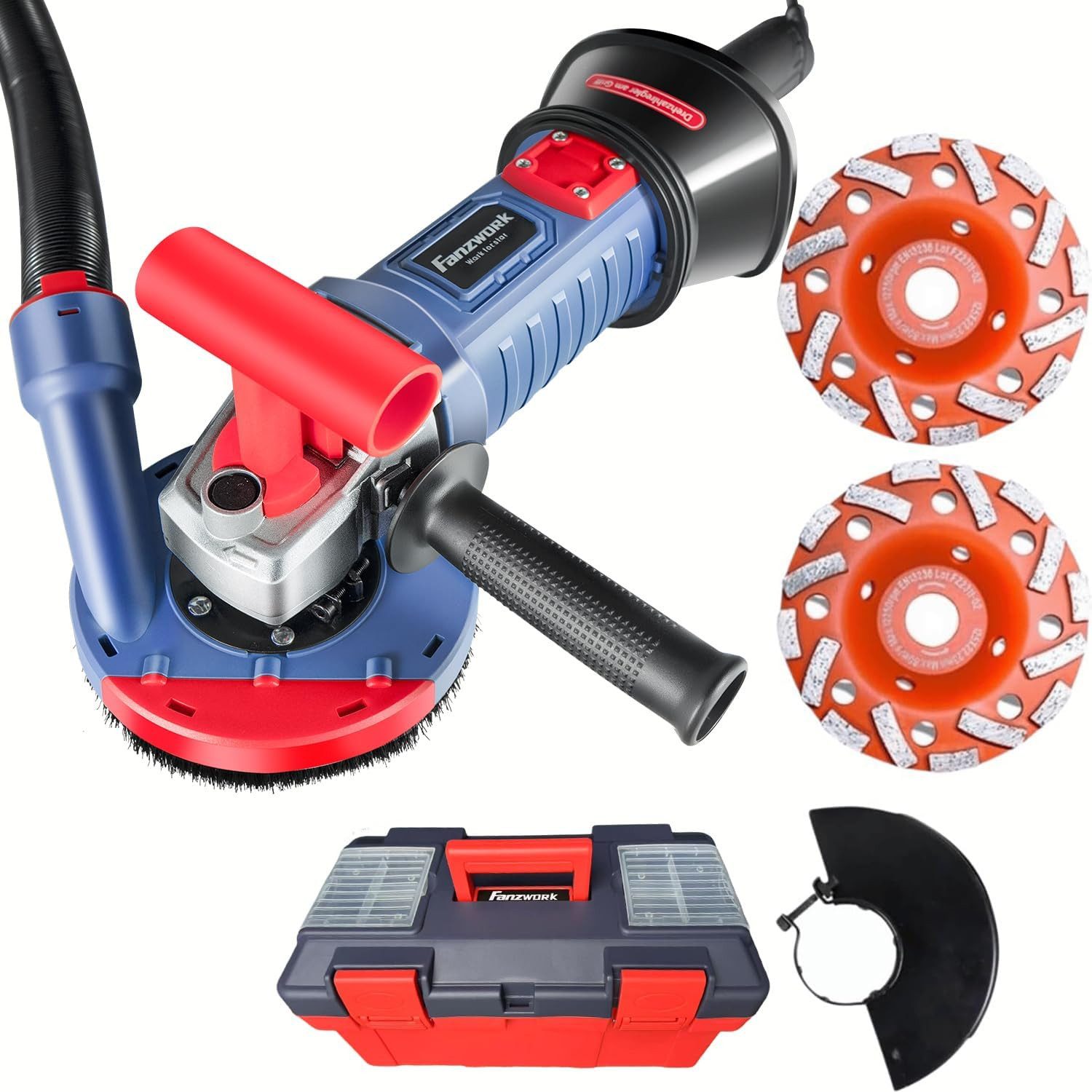 Fanzwork Winkelschleifer 1500W Betonschleifer Drehzahlregelbar inkl. 2x125mm Diamantschleiftopf, Ideal für Beton, Estrich und Fliesenkleber Schleifen