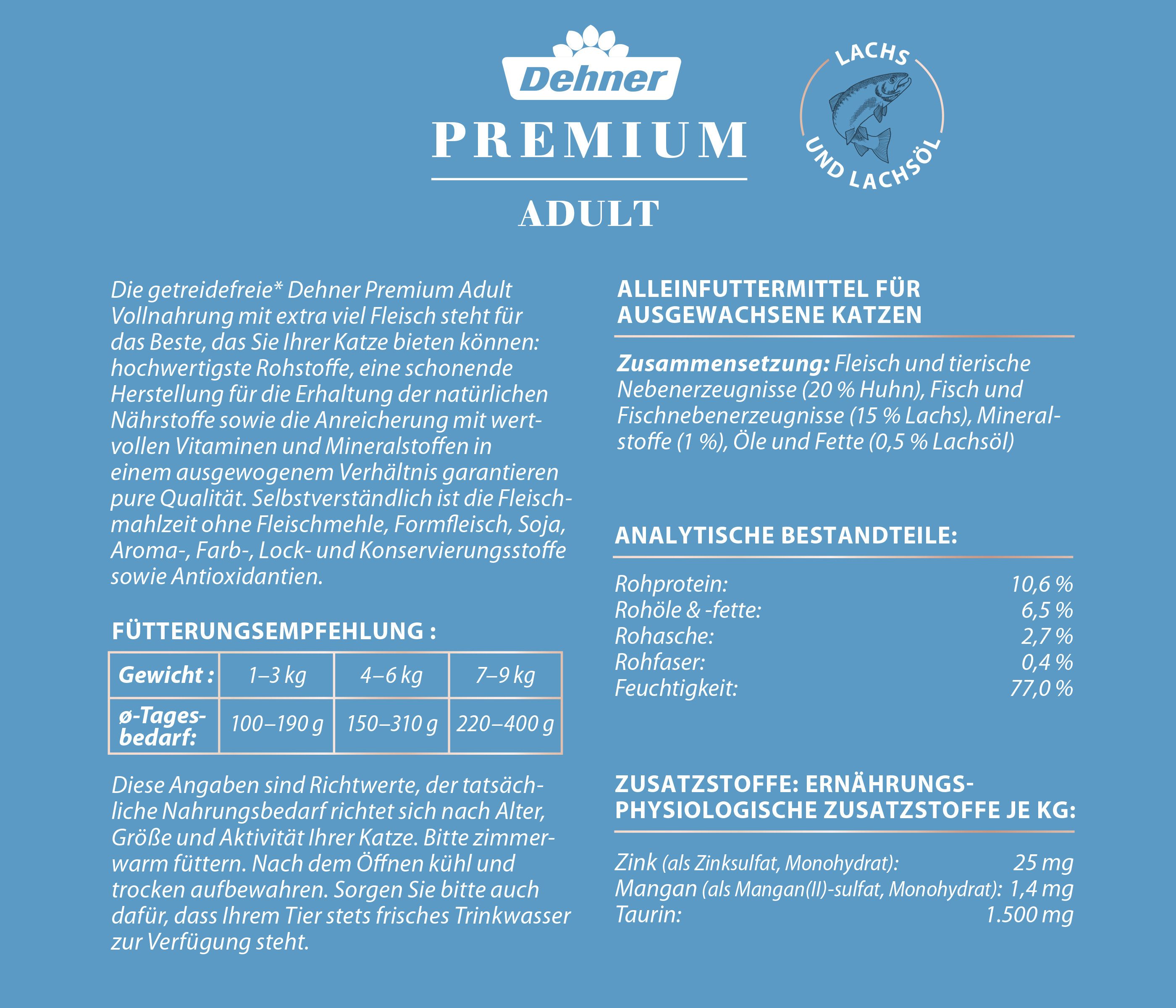 Dehner Premium Adult Geflügel, versch. Sorten, 6 x 400 g Dose (2.4 kg) Lachs, Nassfutter für: Katze, Nassfutter für ausgewachsene Katzen, getreidefrei