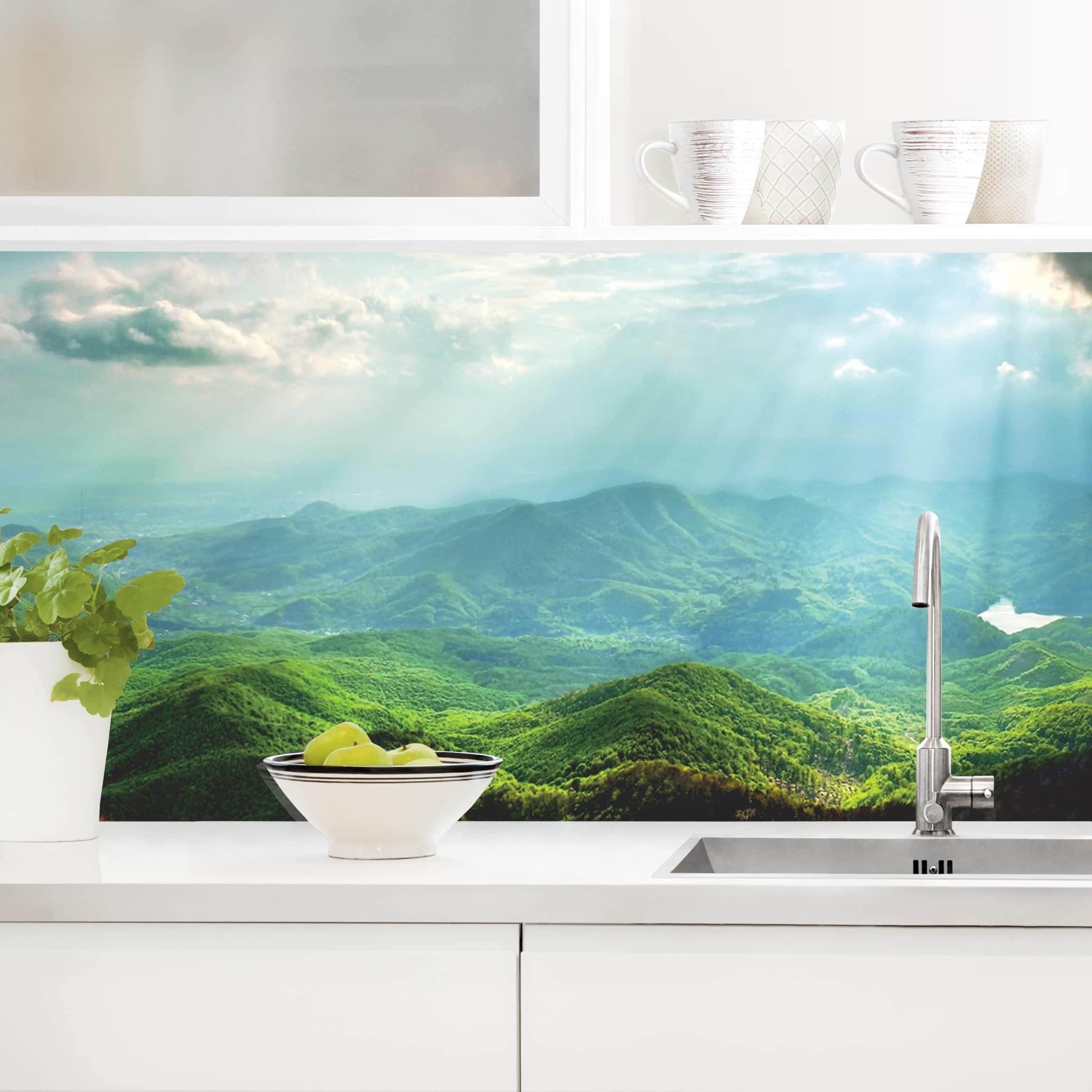 Bilderdepot24 Küchenrückwand selbstklebend grün Wald Motiv, (1-tlg., Nischenrückwand - für Fliesenspiegel ohne Bohren - glänzend), Nischenrückwand fugenlos Wandpaneel Küche Herd