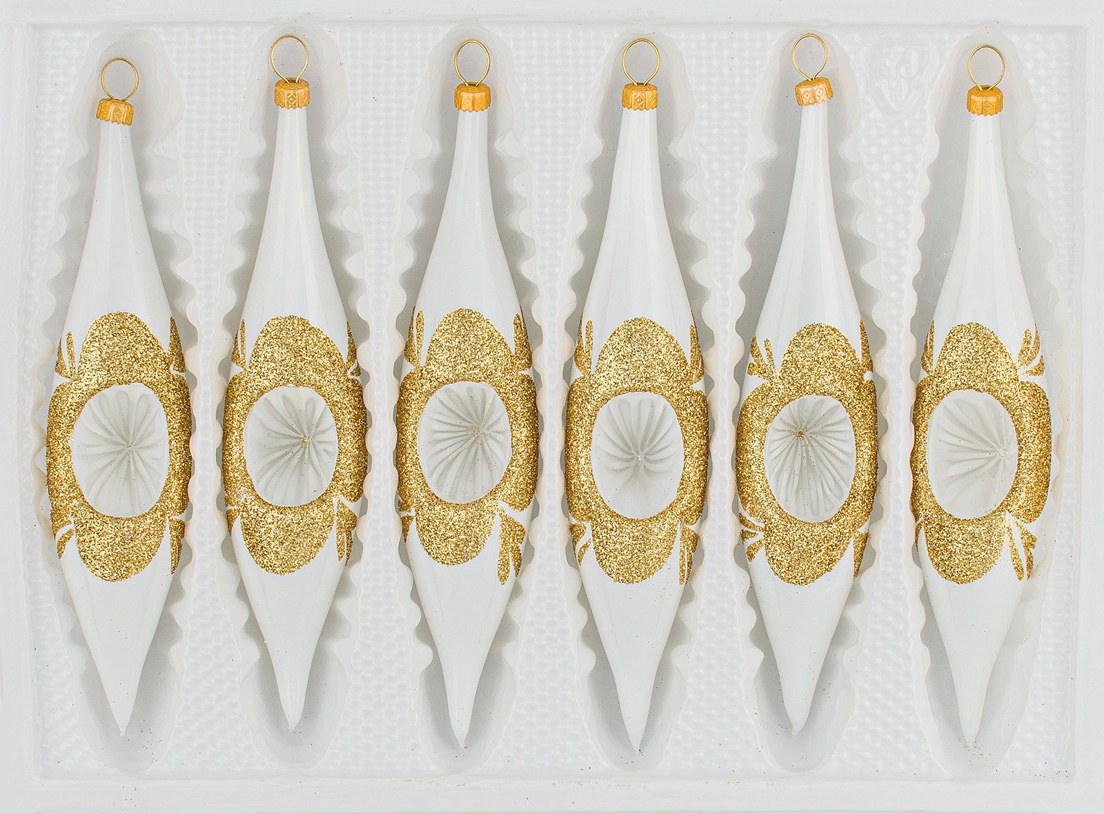 Christbaumschmuck 6 tlg. Glas-Zapfen Set in "Hochglanz "Vintage Classic Weiss Gold"