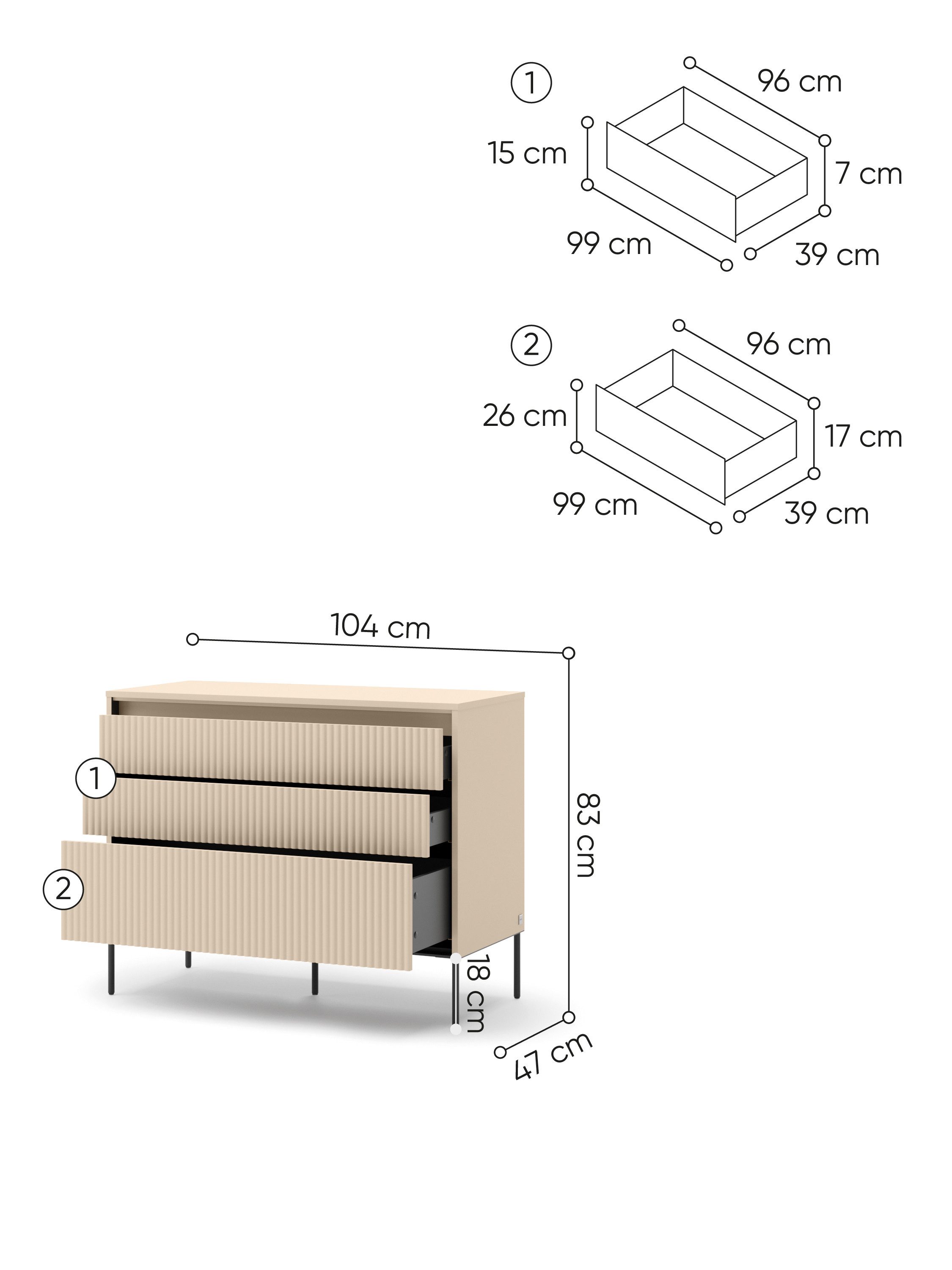 Compleo Kommode mit 3 Schubladen FLORE, Beige modern Kommode mit LED und Lamellen