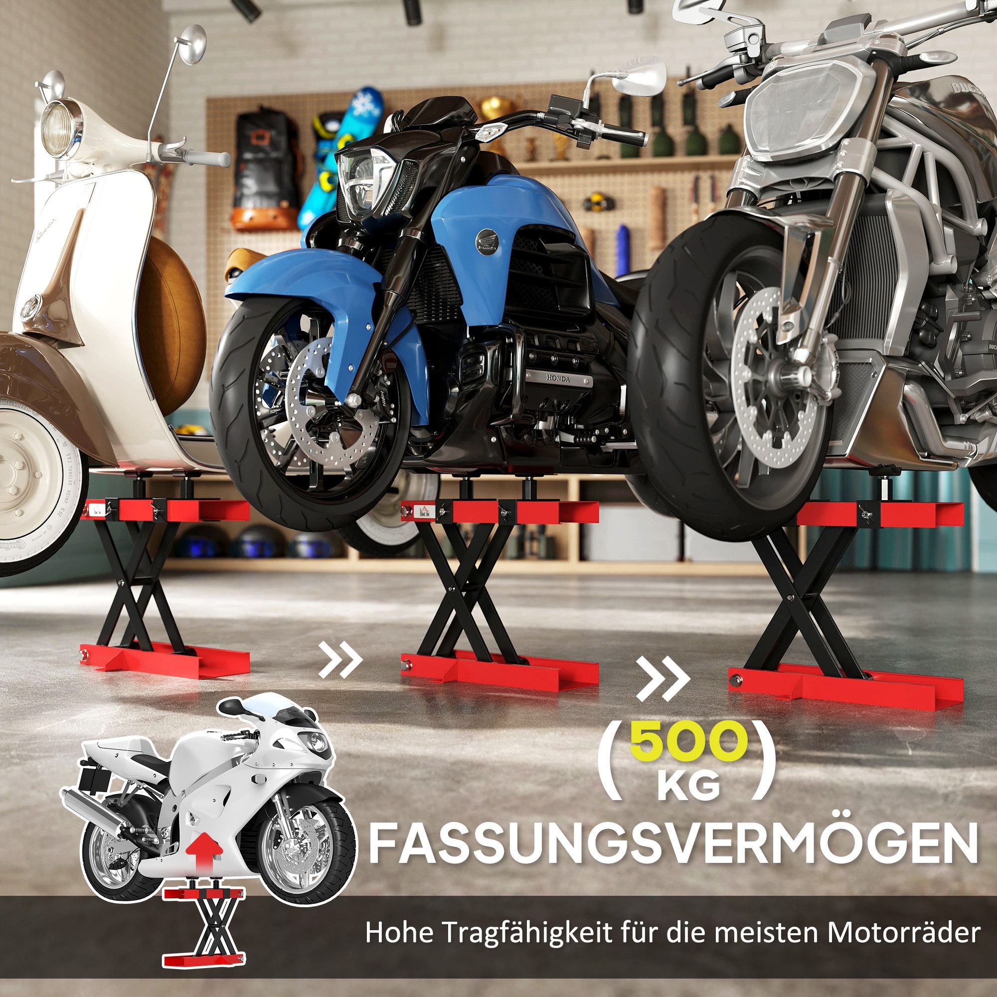 HOMCOM Hydraulikheber 95-400 mm höhenverstellbar, (Motorradheber 500 kg Belastbar, 1 St., Motorradhebebühne), Fahrradreparatur-Scherenheber in Garage & Außenbereichen