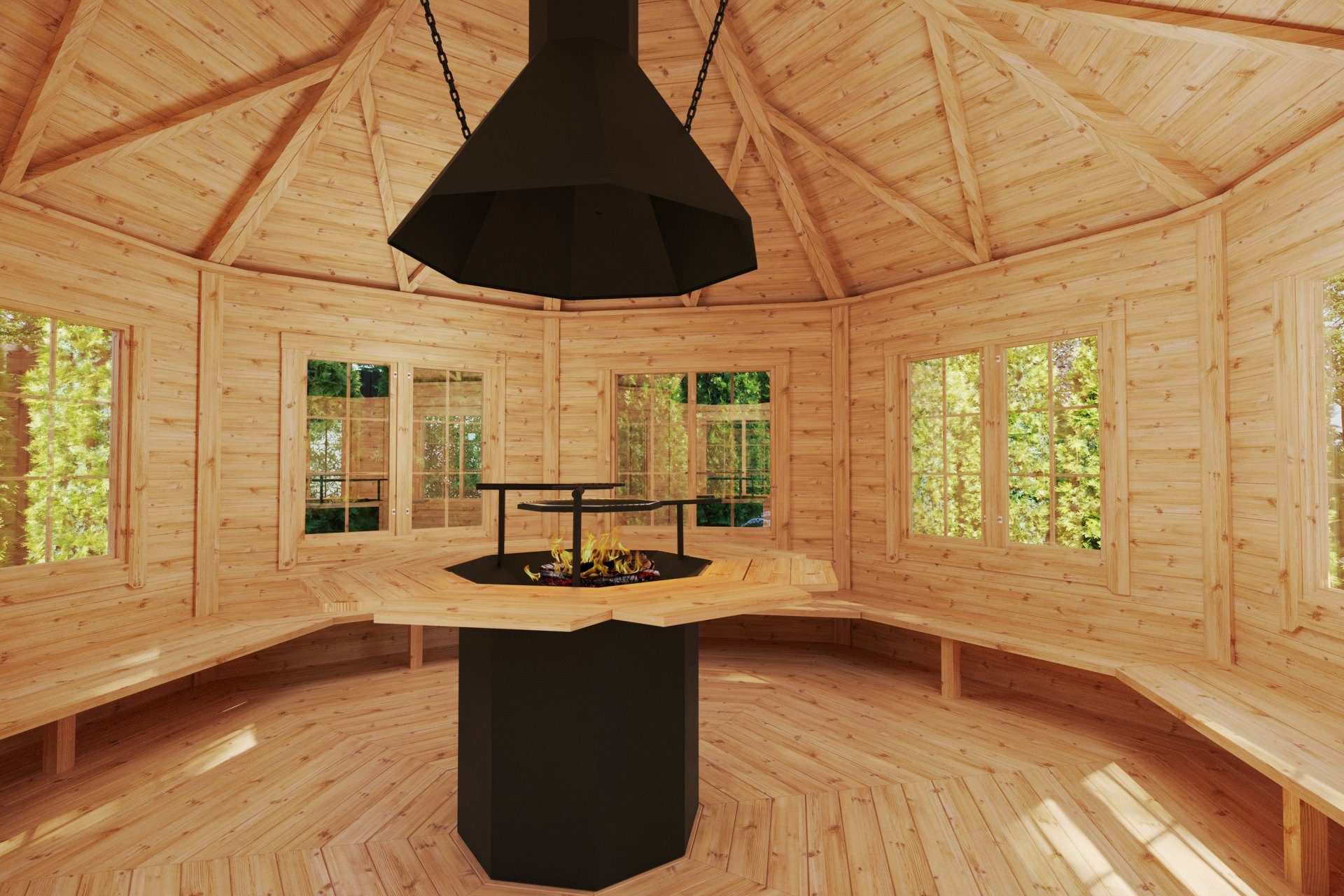 Finn Art Blockhaus Grillkota Grillpavillon 8-eckig Elegance 14,9 max. 21 Personen, BxT: 424x424 cm, Schindeln schwarz, mit Grillanlage, mit 18 mm Fußboden
